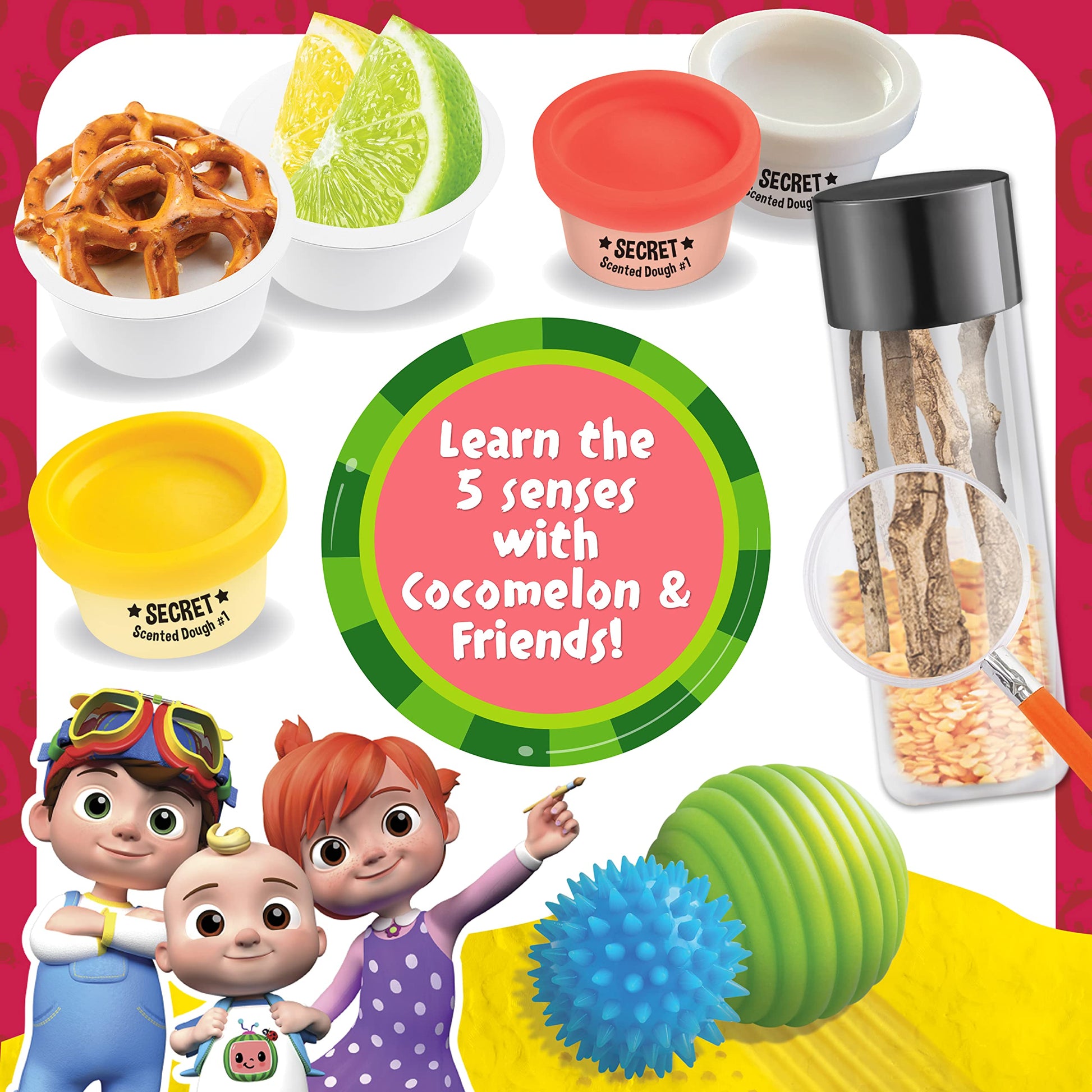 Cocomelon Kids Sensory Science Kit - 5 Experiments - Scented Dough, Textured Balls and Magnifier.