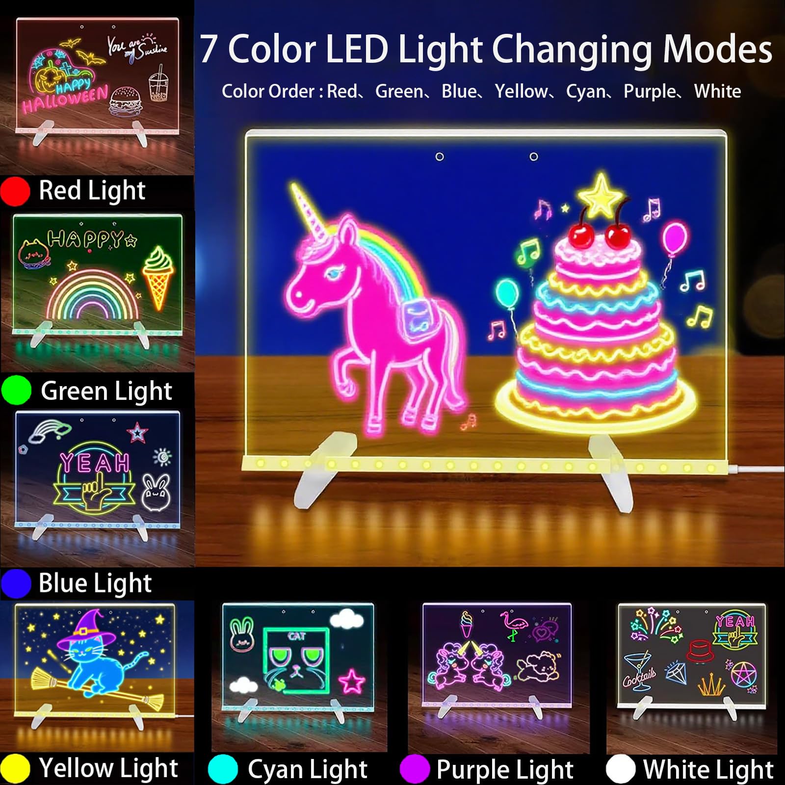 LED Light-Up Acrylic Drawing Board 13.8" x 10" - 4 Modes, 7 Colors - Includes Adapter, Hanging Chain, Stand, Spray Bottle & 7 Markers - Message