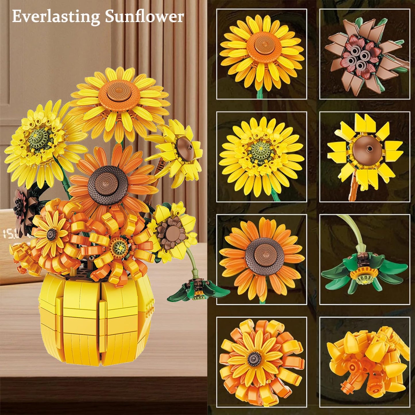 EMANNON Flowers Building Set for Adults - Sunflowers Building Blocks with Vase 1009PCS, Artificial Flowers Botanical Collection Gifts for Christmas