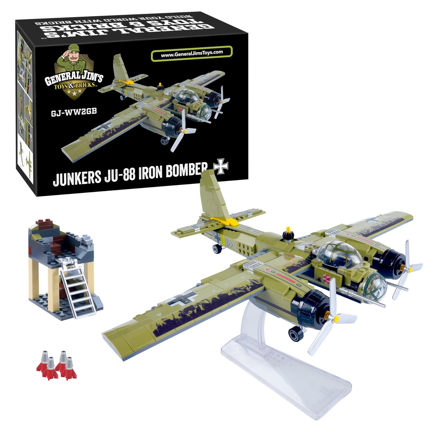 General Jim's WWII Iron Empire JU-88 Bomber Plane Building Blocks Set, 559 Pieces German Twin-Engine Aircraft Model w/Display Stand, Detailed WWII