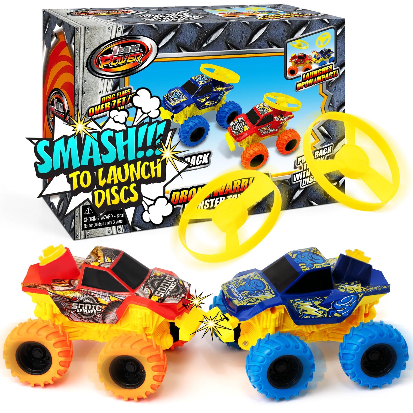 Team Power 2 Pack Monster Truck Toys Drone Warrior, Disc-Launching 5.2" Battle Trucks Pull-Back & Go, Age 3, 4-7 and Above Boys Birthday Gifts [Amazon