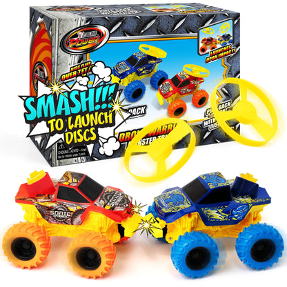 Team Power 2 Pack Monster Truck Toys Drone Warrior, Disc-Launching 5.2" Battle Trucks Pull-Back & Go, Age 3, 4-7 and Above Boys Birthday Gifts [Amazon
