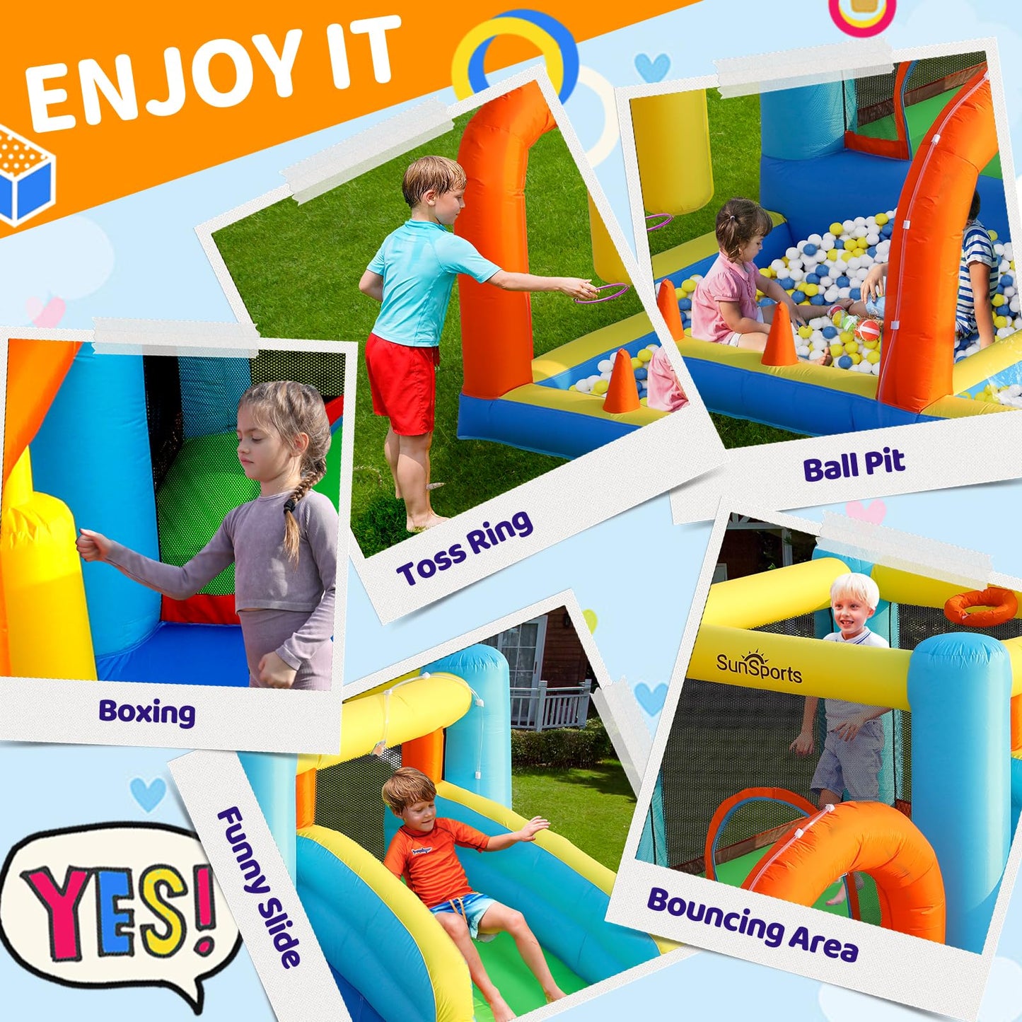 SunSports Inflatable Water Slide,Bounce House with Slide for Indoor Party,Bouncy Castle with for Kids Outdoor, Water Slides for Backyard,Inflatable