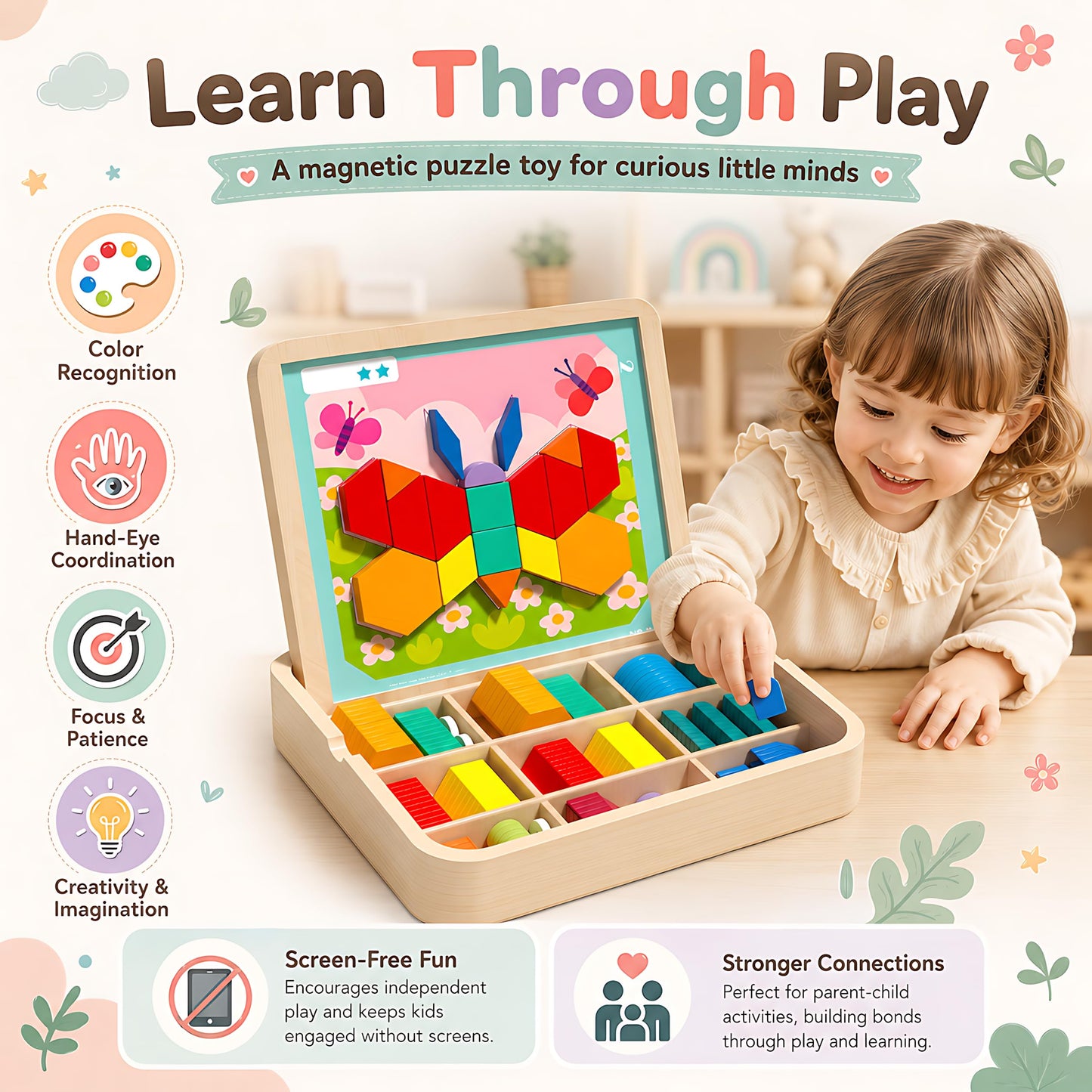 248 Pcs Wooden Magnetic Pattern Block Set with Cards, Pen & Storage Bag, Montessori STEM Tangram Puzzle Toys for Toddlers 4 5 6 7 8, Educational Brain