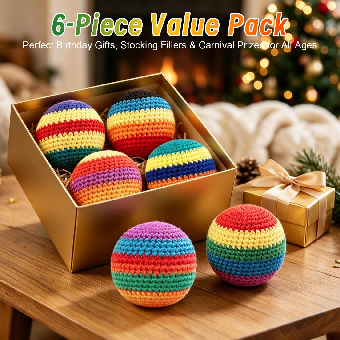 6 Pack Crocheted Footbags Handmade Knitted Balls for Tossing & Kicking Adults and Beginners Vibrant Sports Design for Indoor & Outdoor Play, Party