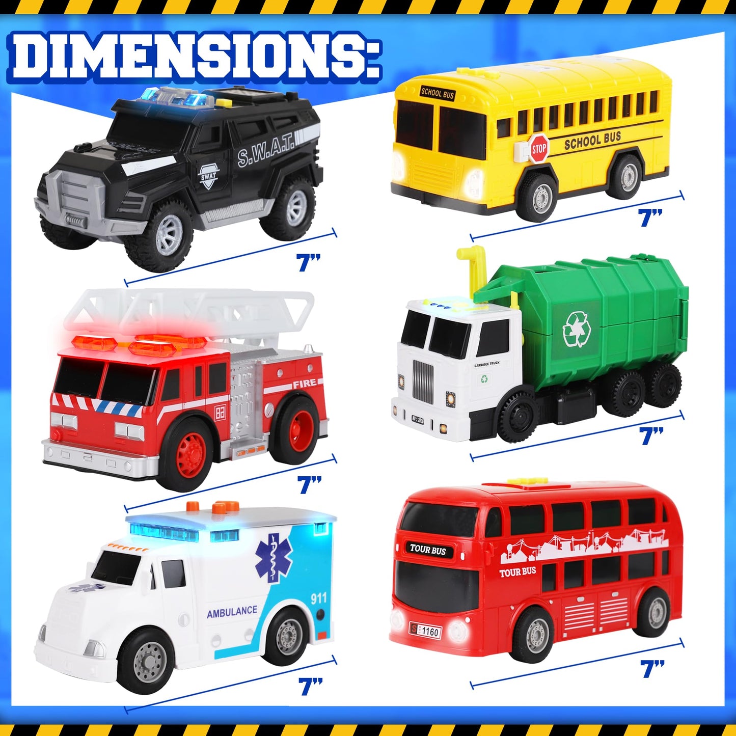 Playkidiz Toy Cars for Toddlers - 6Pcs Pull Back Cars Toys with Light and Sounds, City and emergency vehicles set, Including Police Car, Fire Truck