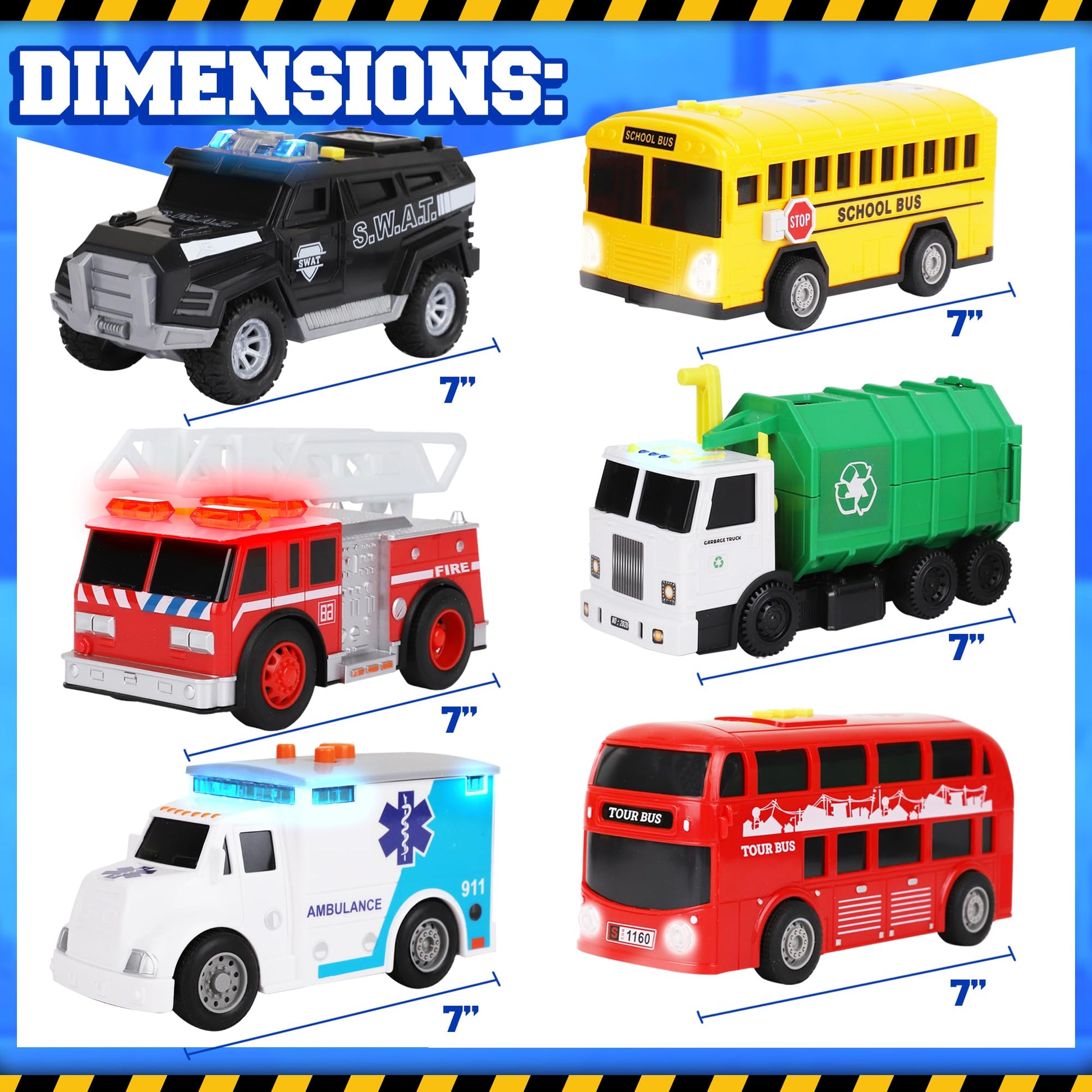 Playkidiz Toy Cars for Toddlers - 6Pcs Pull Back Cars Toys with Light and Sounds, City and emergency vehicles set, Including Police Car, Fire Truck