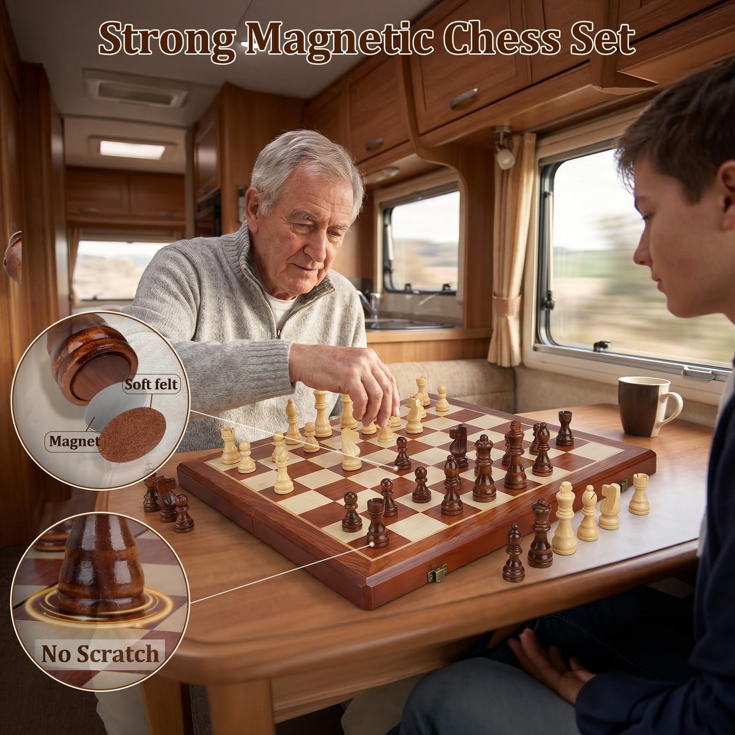 15.4" Magnetic Wooden Chess Set for Adults & Kids, Handcrafted Foldable Chess Board with Individual Storage Slots, 2 Extra Queens, Portable Travel