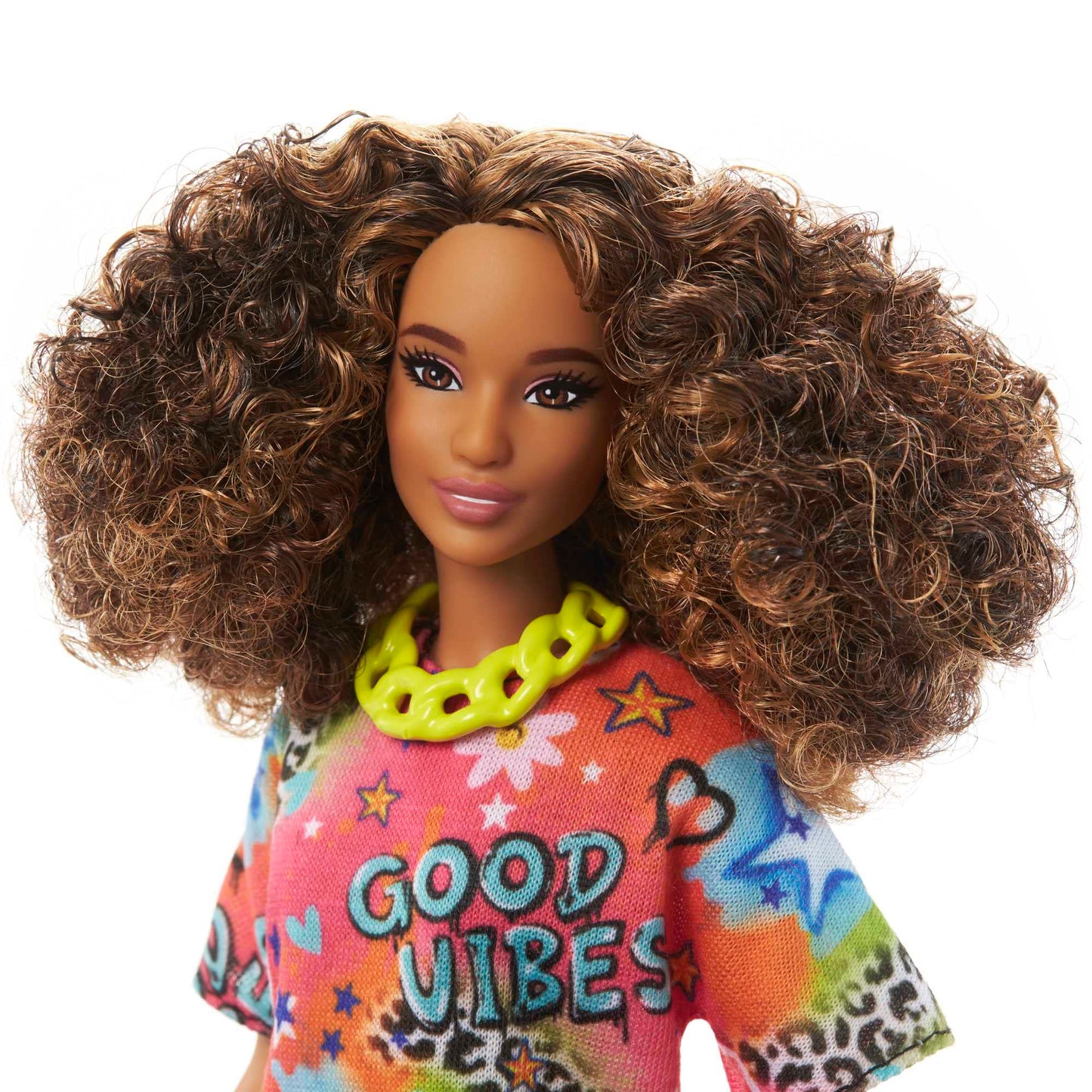 Barbie Fashionistas Doll #201, Athletic Body with Curly Brunette Hair, Graffiti-Print Dress & Accessories Including Boots & Chain Necklace