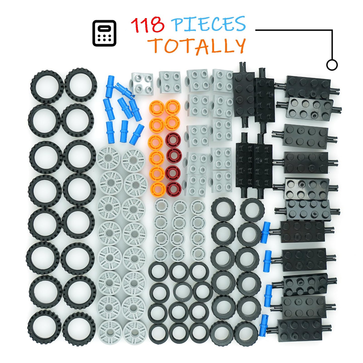 Pasacho Wheels and Axles Set Tires, 118pcs City Car Parts Kits, Vehicle Truck Parts Classic Pieces Accessories, Construction Bulk Bricks Building