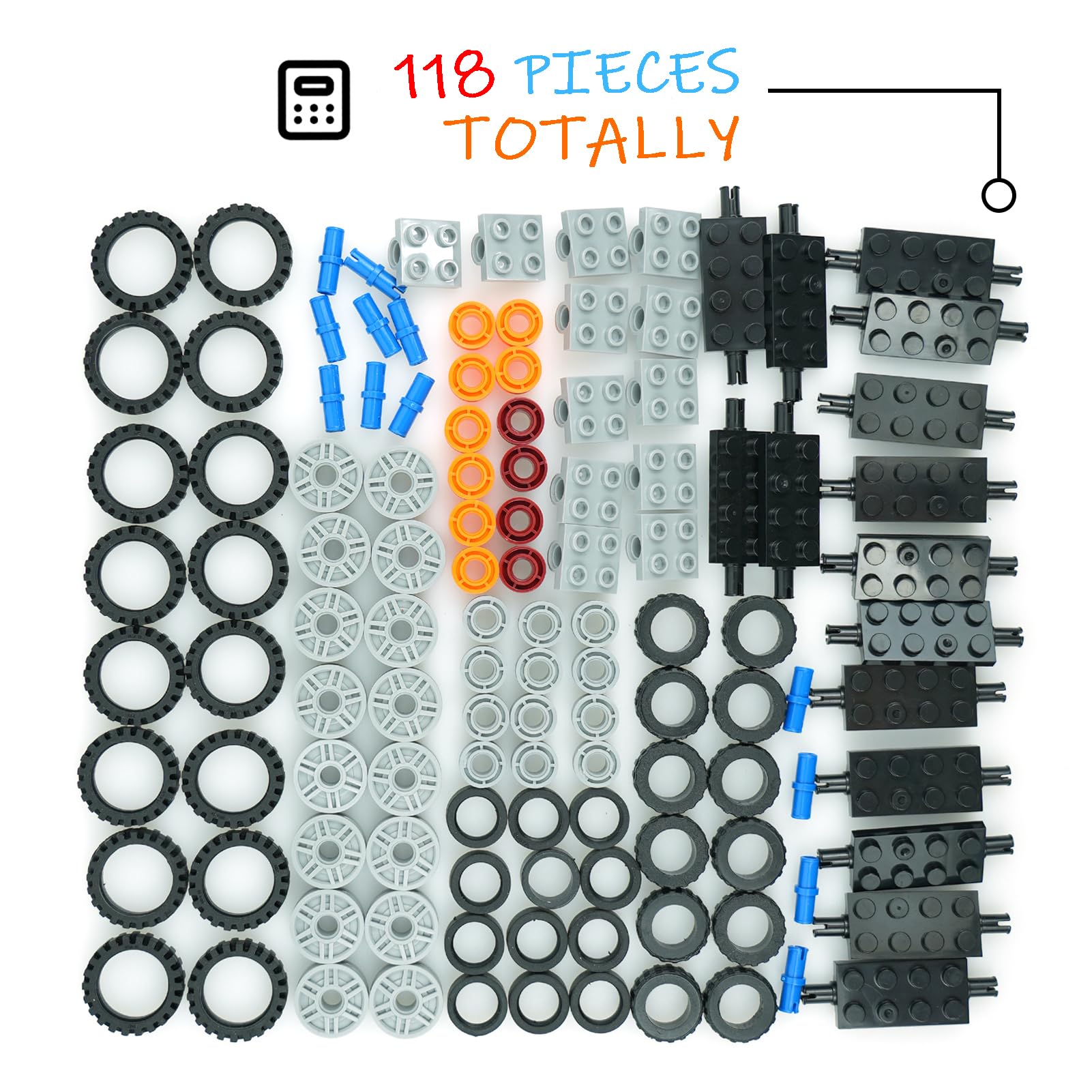 Pasacho Wheels and Axles Set Tires, 118pcs City Car Parts Kits, Vehicle Truck Parts Classic Pieces Accessories, Construction Bulk Bricks Building