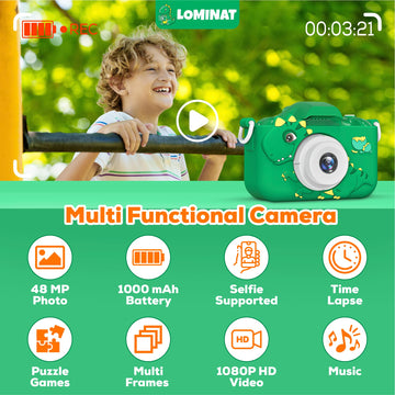 Kids Camera for 3, 4, 5, 6, 7, 8, 9 Year Old Boys Girls - 1080P HD Kids Video Camera, Dinosaur Christmas Birthday Gifts, Toddler Dual Lens Digital