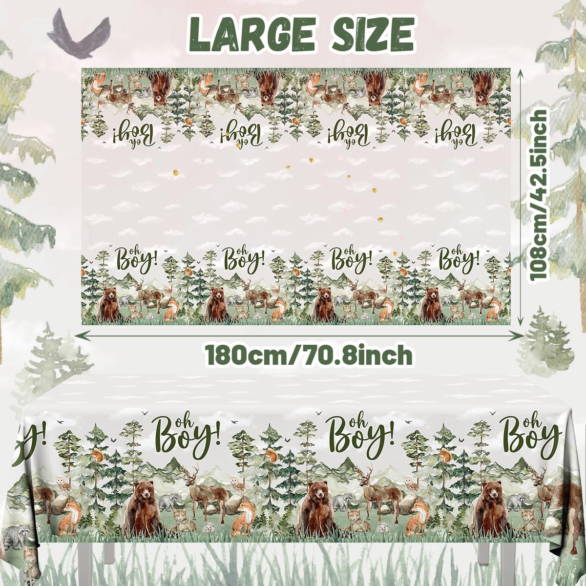Gumwaqu Adventure Baby Shower Tablecloth,Let The Adventure Begin Supplies 3pcs Oh Boy Waterproof Woodland Forest Table Covers for Mountain Wilderness