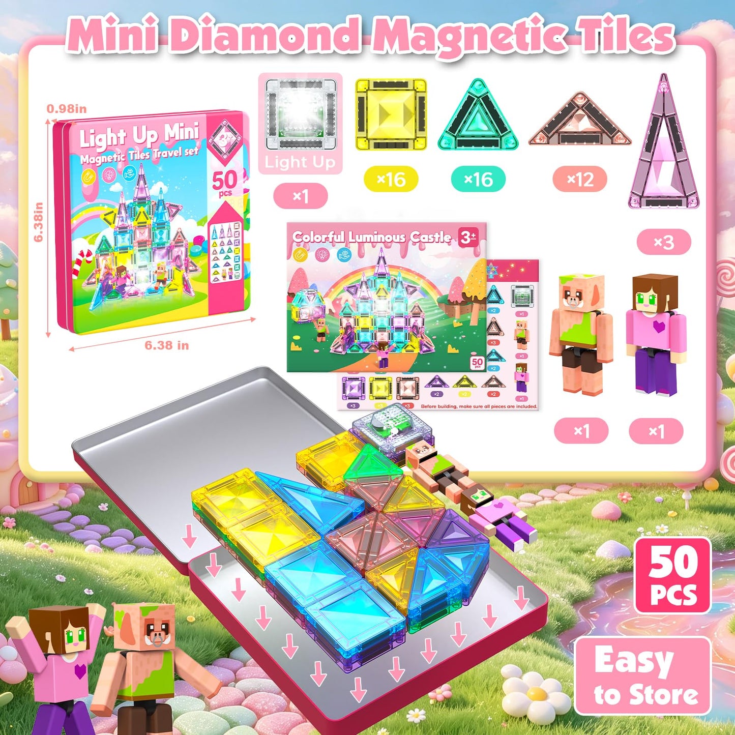 Mini Magnetic Tiles with 2 Little Action People, Light Up Travel Tiles with Magnetic Action Figures for Princess Castle, Micro Magnet Portable Toys