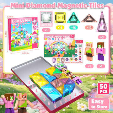 Mini Magnetic Tiles with 2 Little Action People, Light Up Travel Tiles with Magnetic Action Figures for Princess Castle, Micro Magnet Portable Toys