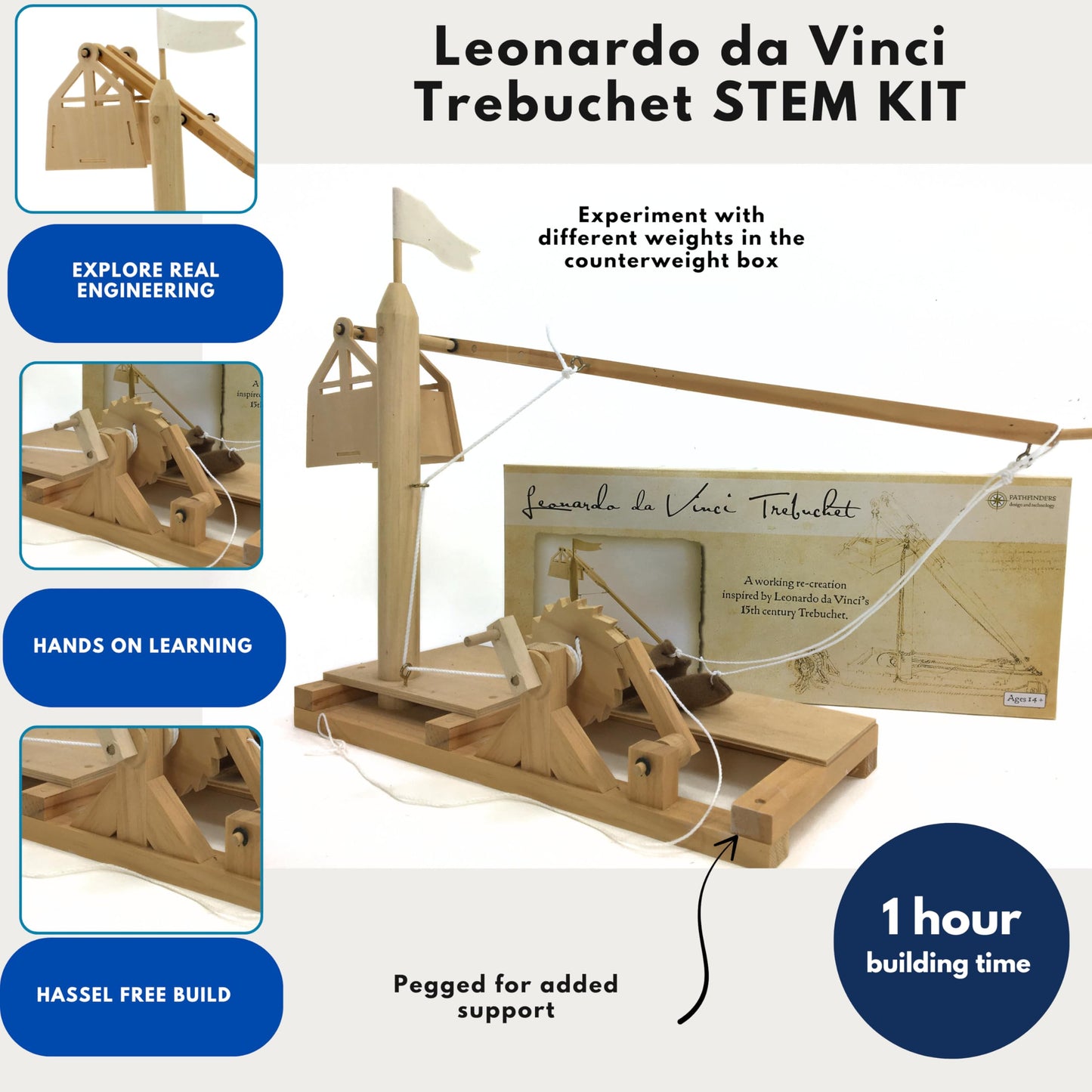 PATHFINDERS Leonardo da Vinci Trebuchet STEM Kit - Build Your Own Medieval Siege Engine - Educational Wooden Model for Teens & Adults, DIY Engineering