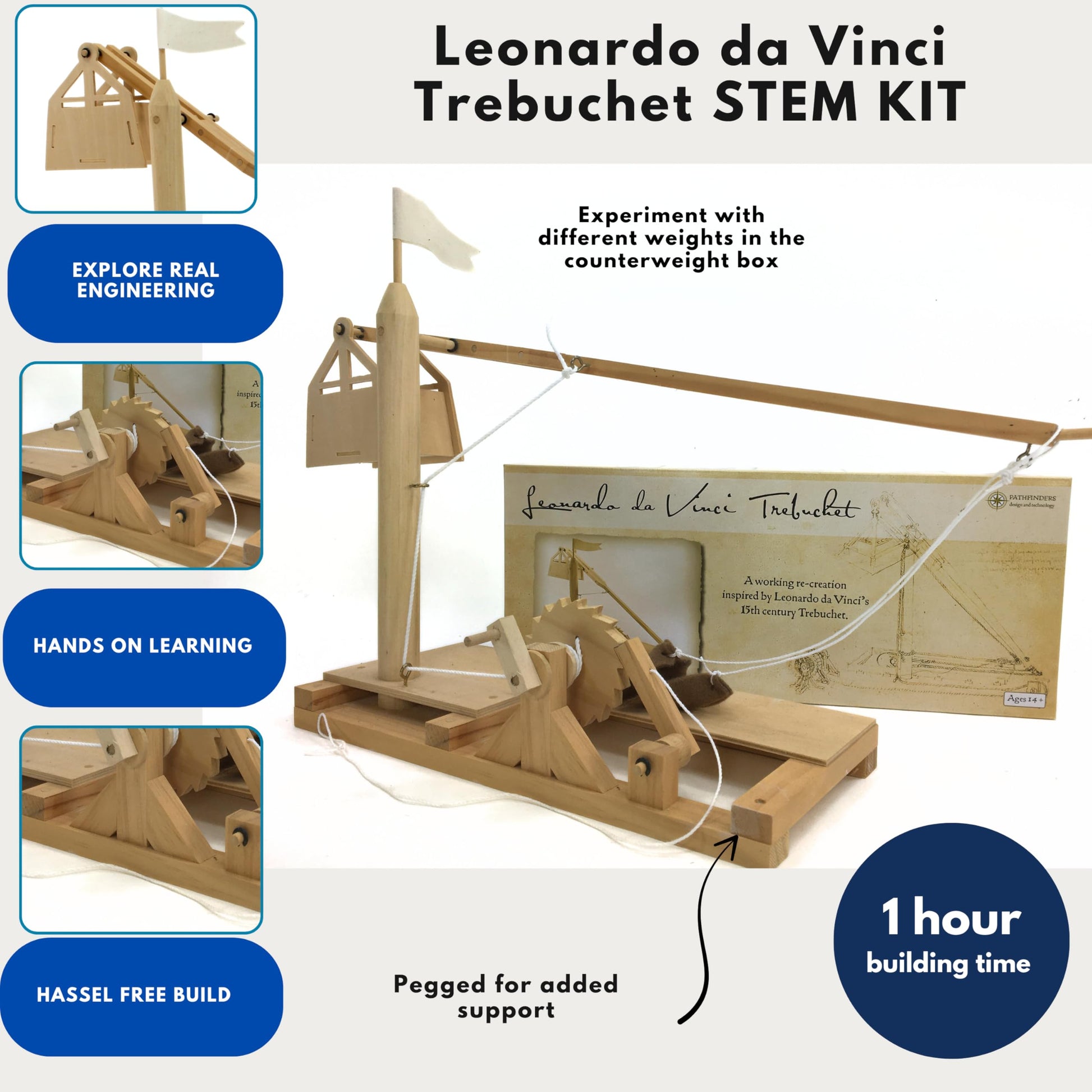 PATHFINDERS Leonardo da Vinci Trebuchet STEM Kit - Build Your Own Medieval Siege Engine - Educational Wooden Model for Teens & Adults, DIY Engineering
