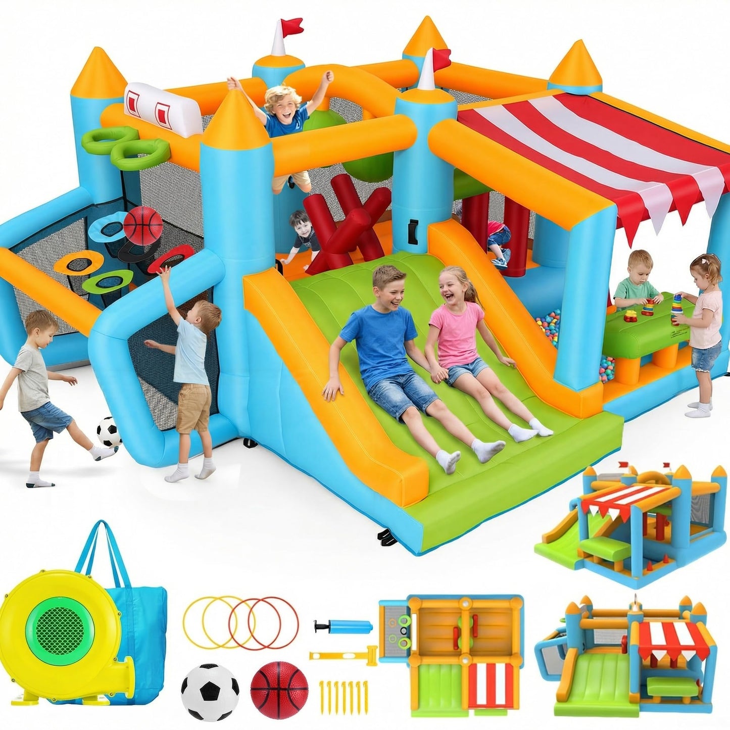 Whubefy Bounce House for Kids 3-10, 10-in-1 Bounce Castle for Backyard, Bouncy House with Slides, Market Stand, Jumping Area, Obstacle Courses & Ball