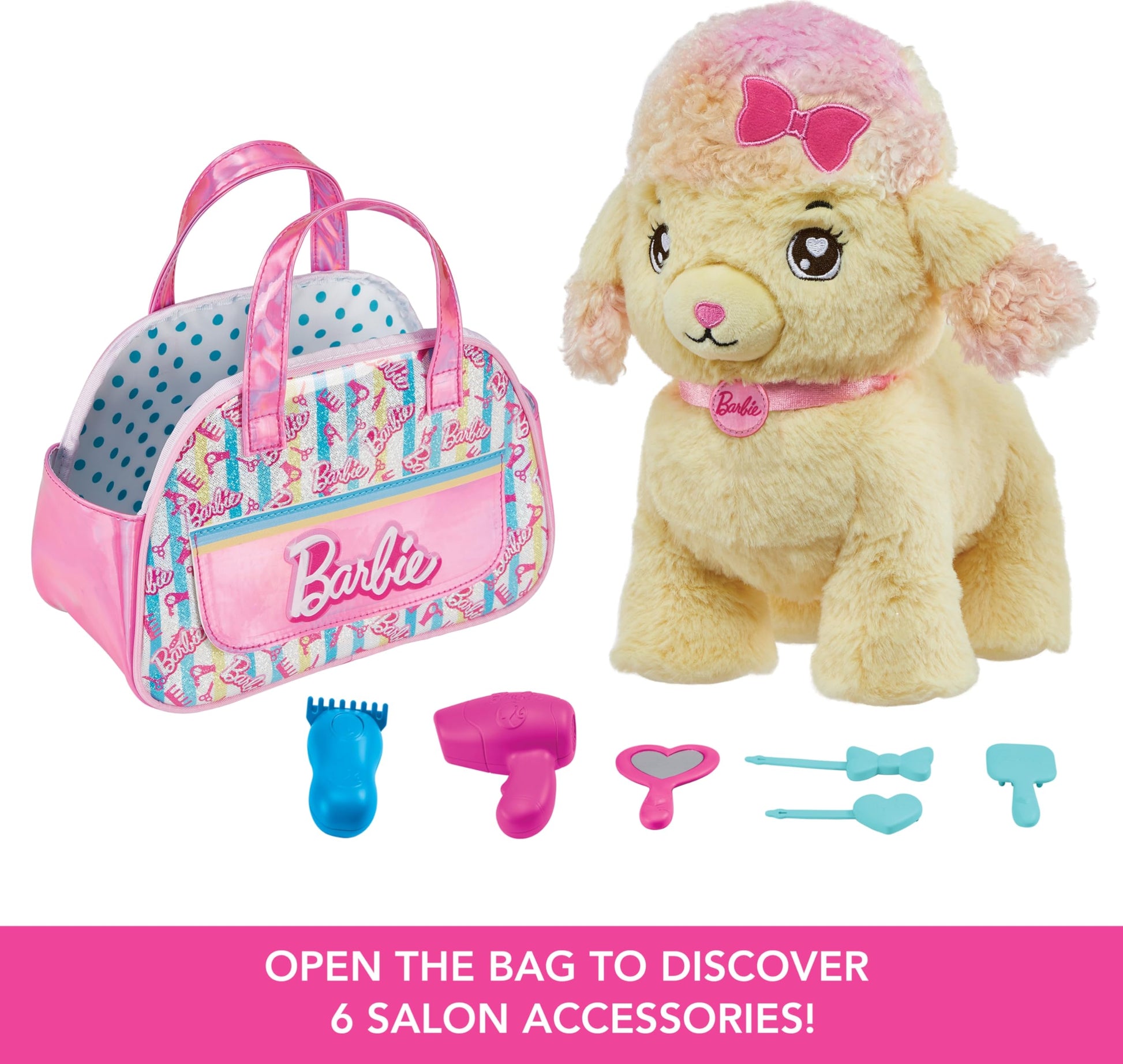 Mattel Barbie Plush Toy Playset, Hairdresser Poodle Stuffed Animal with Lights & Sounds, Plus Themed Purse & 6 Accessories, Salon Pet Adventure