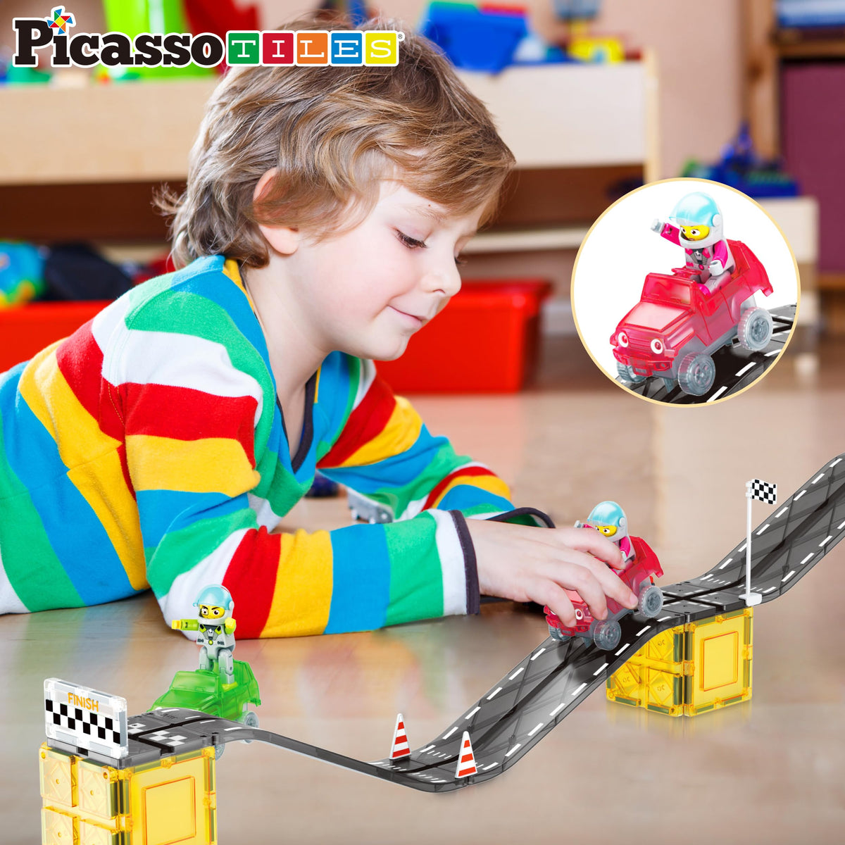 PicassoTiles Magnet Tile Race Car Track Construction Building Block Toy Kit with Character Action Figures and Racing Cars Magnetic Tiles STEM