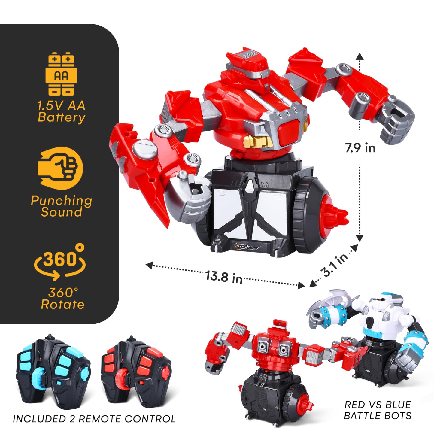 Top Race Remote Control Fighting Toy - 2-Pack Red & Blue RC Robots with Lights, Sounds & 360° Rotation - Interactive Intelligent Playset for Kids