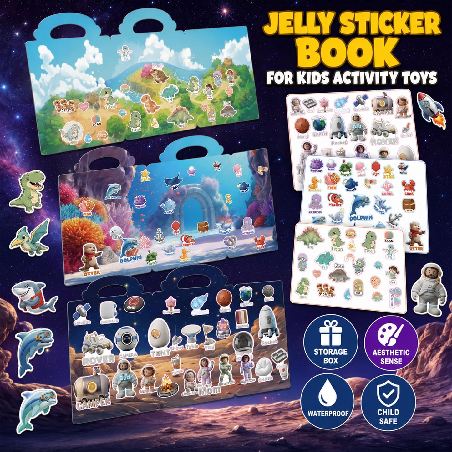 CUTESORA Reusable Jelly Sticker Books for Toddlers 2-4, Kids 3-6, 6 Sets