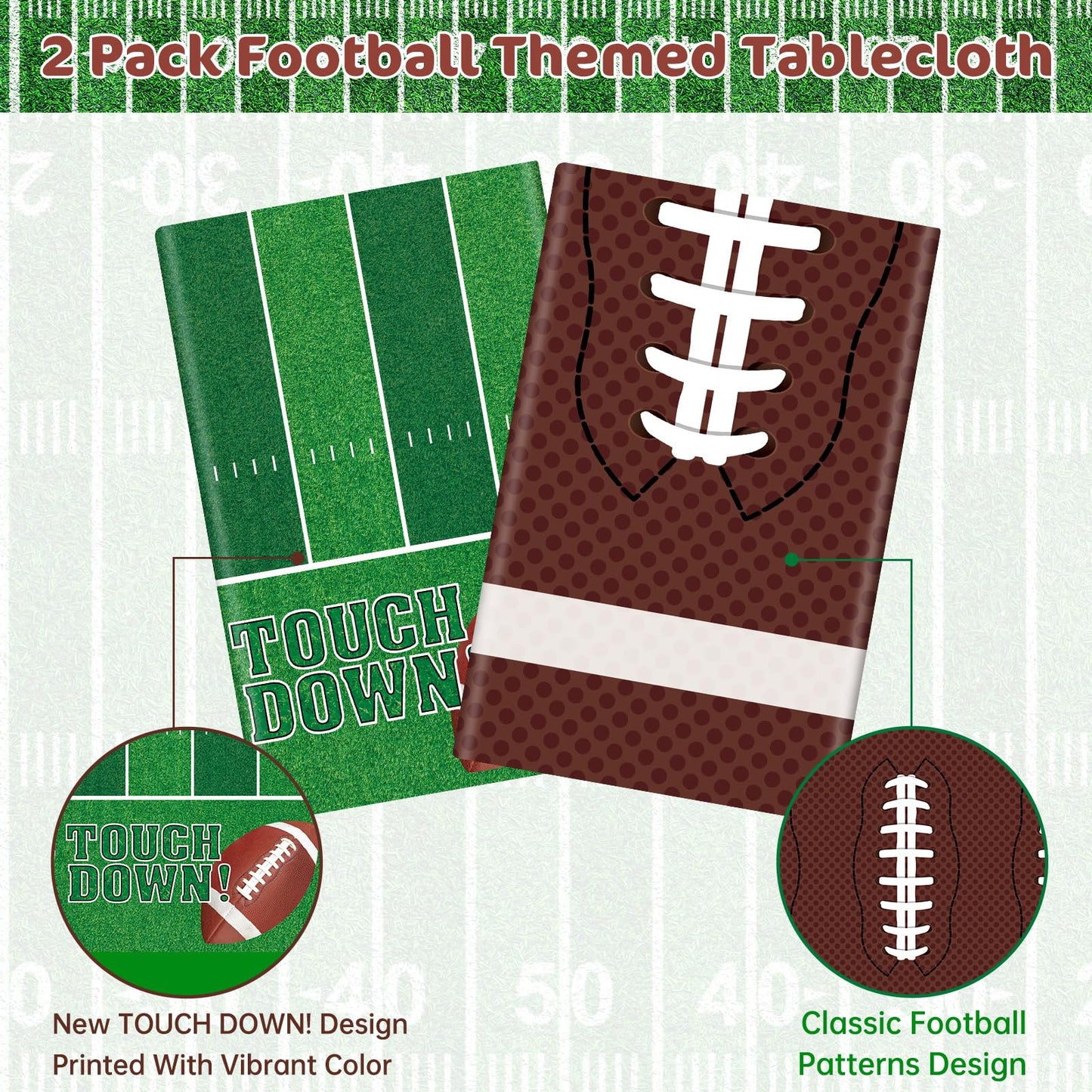 Football Party Decorations - 2 Pack Football Tablecloth Plastic, Disposable TouchDown Table Cover for Football Sport Birthday Party Supplies Favors