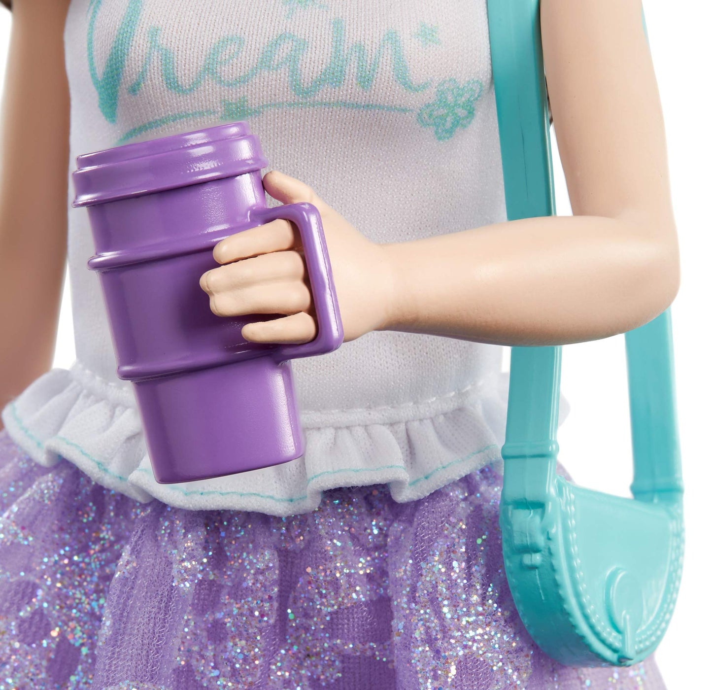 Barbie Princess Adventure Renee Doll (12-inch Brunette) in Fashion and Accessories, with Smart Phone, Purse, Travel Mug and Tiara, Gift for 3 to 7