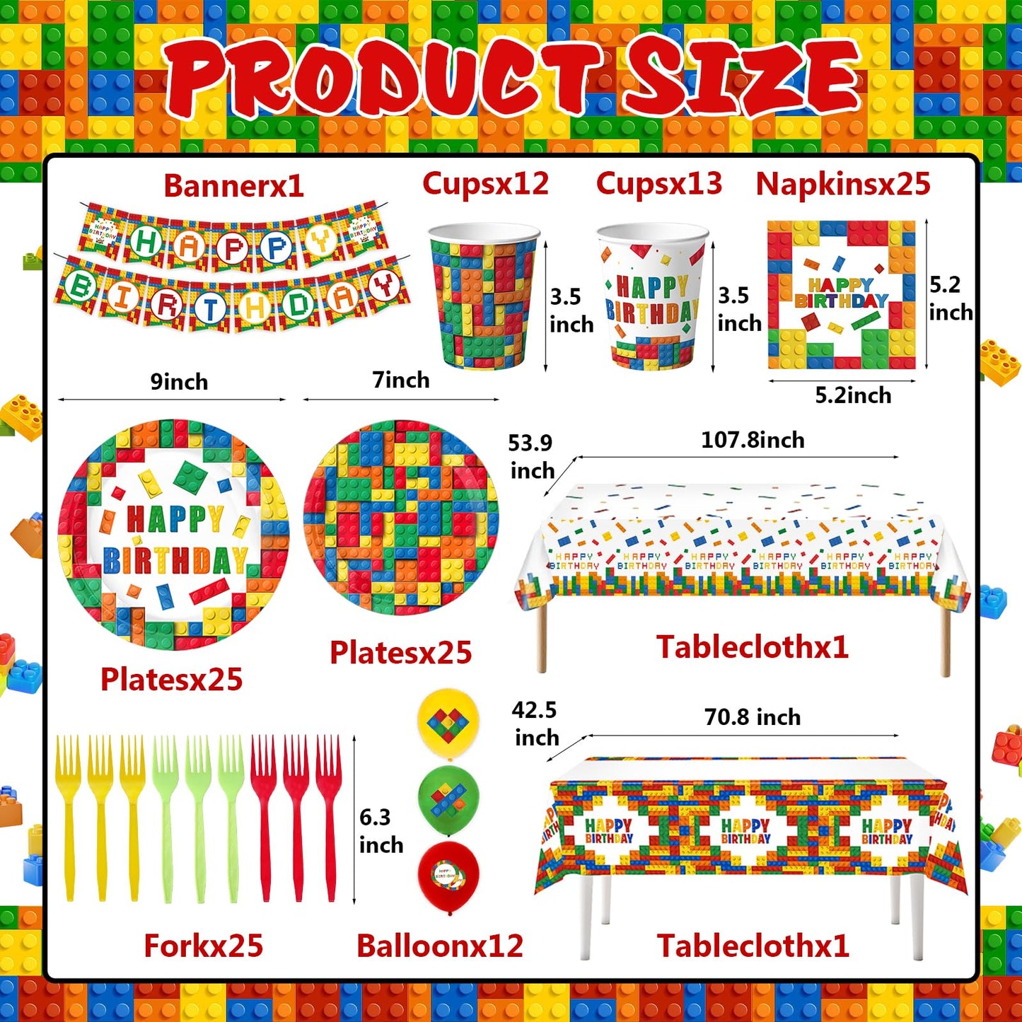 Building Block Party Plates Building Block Birthday Party Supplies Decorations Serve 25 including Disposable Paper Plates Napkins, Cups, Forks