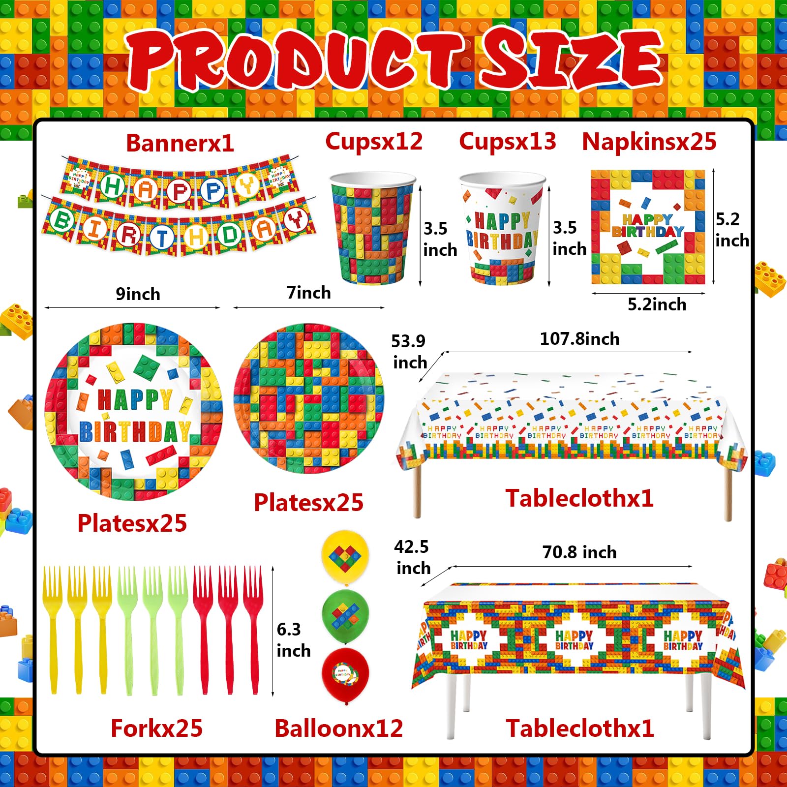 Building Block Party Plates Building Block Birthday Party Supplies Decorations Serve 25 including Disposable Paper Plates Napkins, Cups, Forks