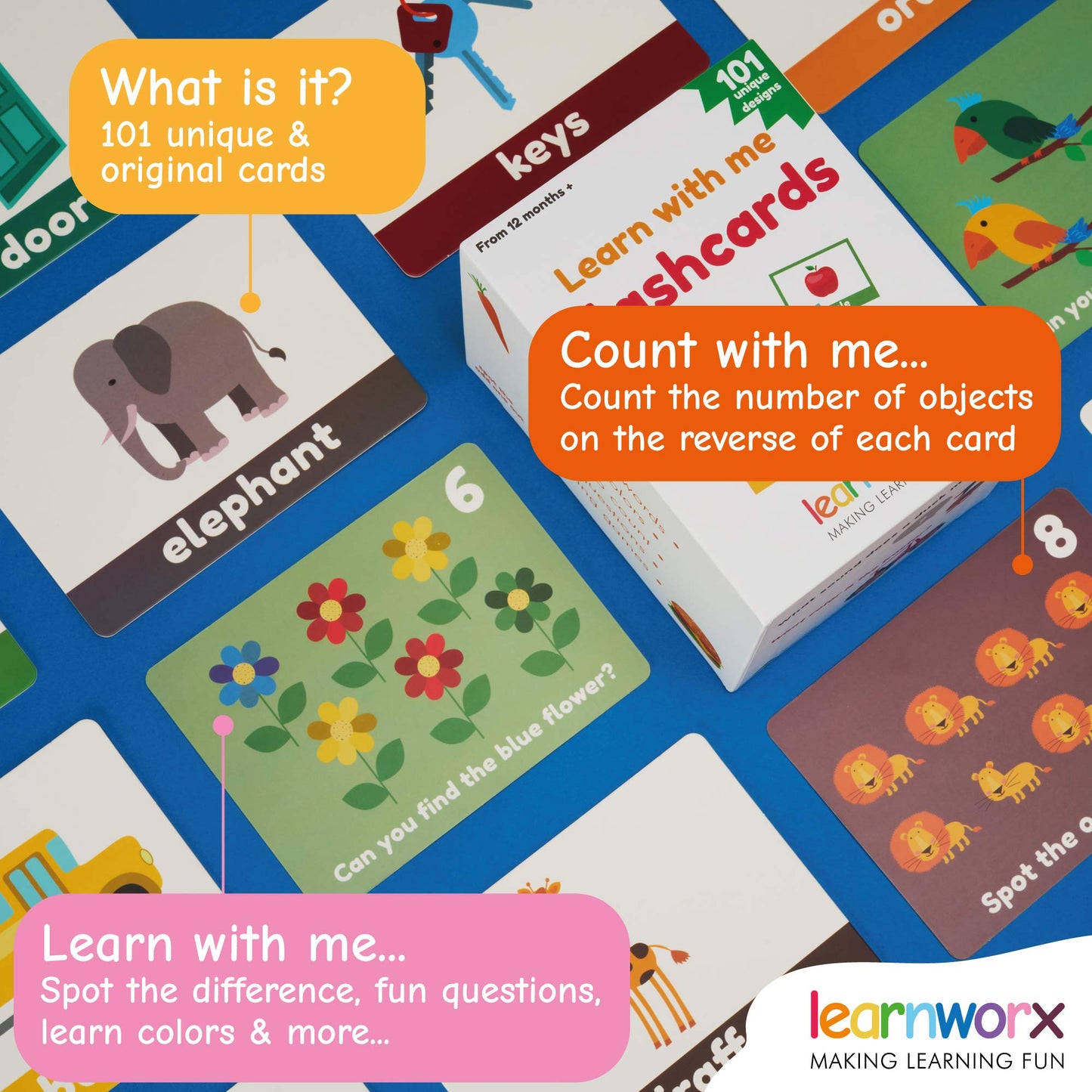 LearnWorx 101 Baby Flash Cards for Toddlers 1-3 | Award Winning First Words Toddler Flash Cards | Speech Toys Help Learn Objects, Numbers & Play Games