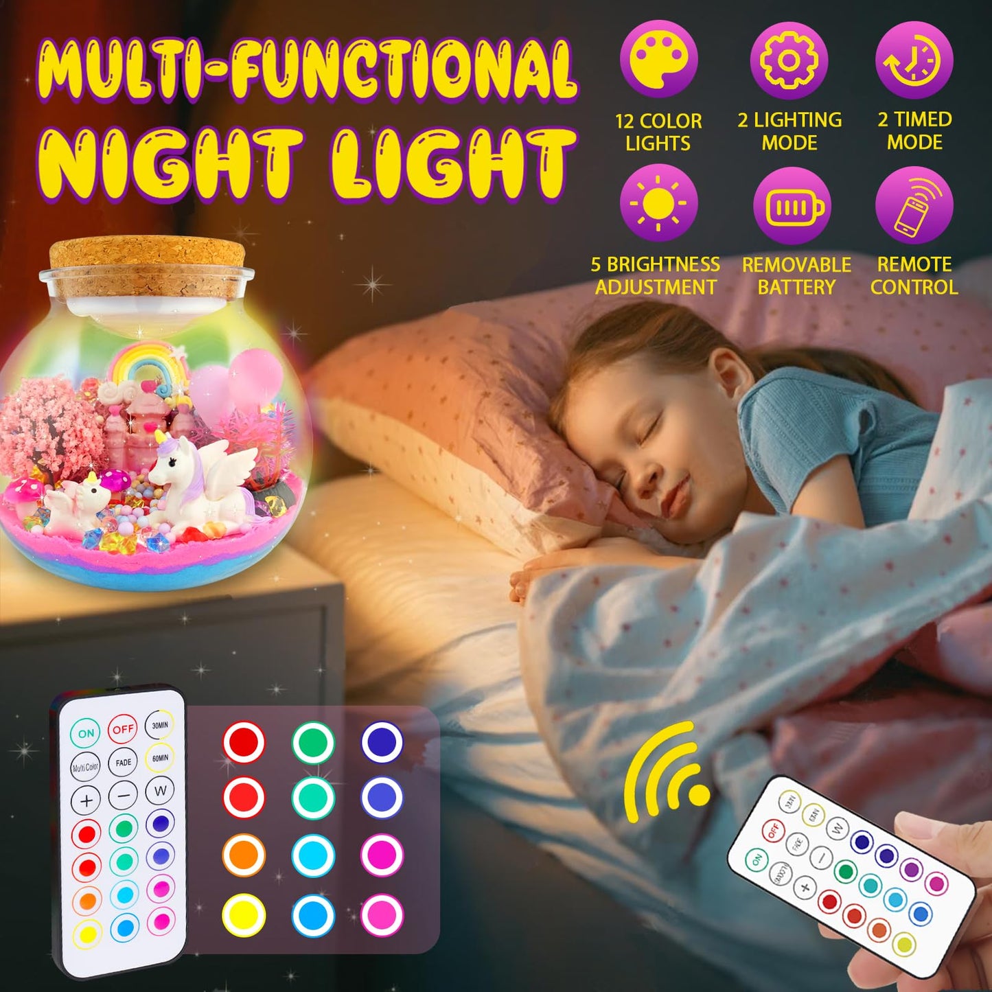 7july Unicorn Terrarium Crafts Kit for Kids-LED Night Light Up & Remote Unicorn Birthday Gifts Toys for Girls Ages5 6 7 8 9 10 Year Old-Christmas