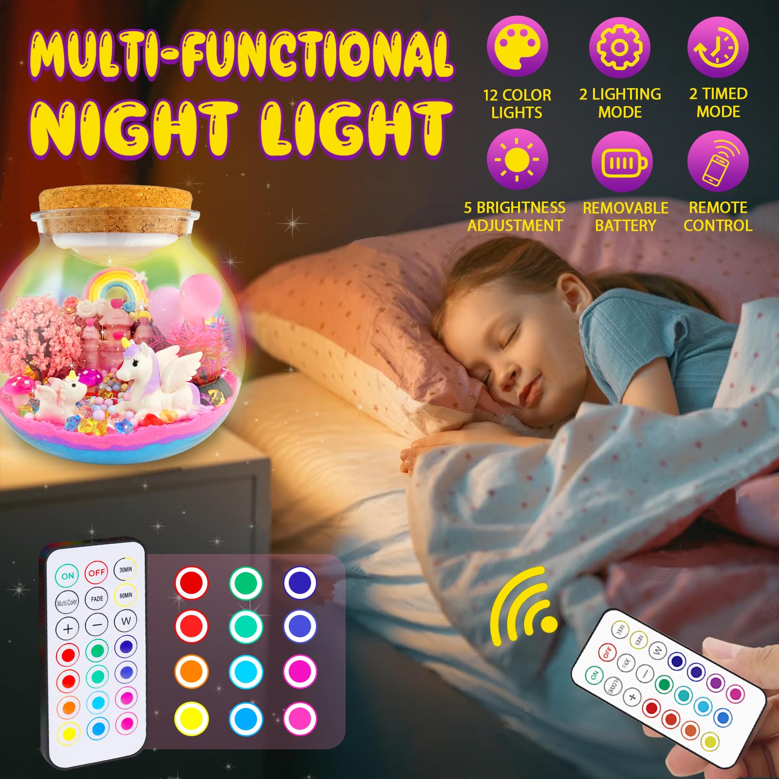 7july Unicorn Terrarium Crafts Kit for Kids-LED Night Light Up & Remote Unicorn Birthday Gifts Toys for Girls Ages5 6 7 8 9 10 Year Old-Christmas