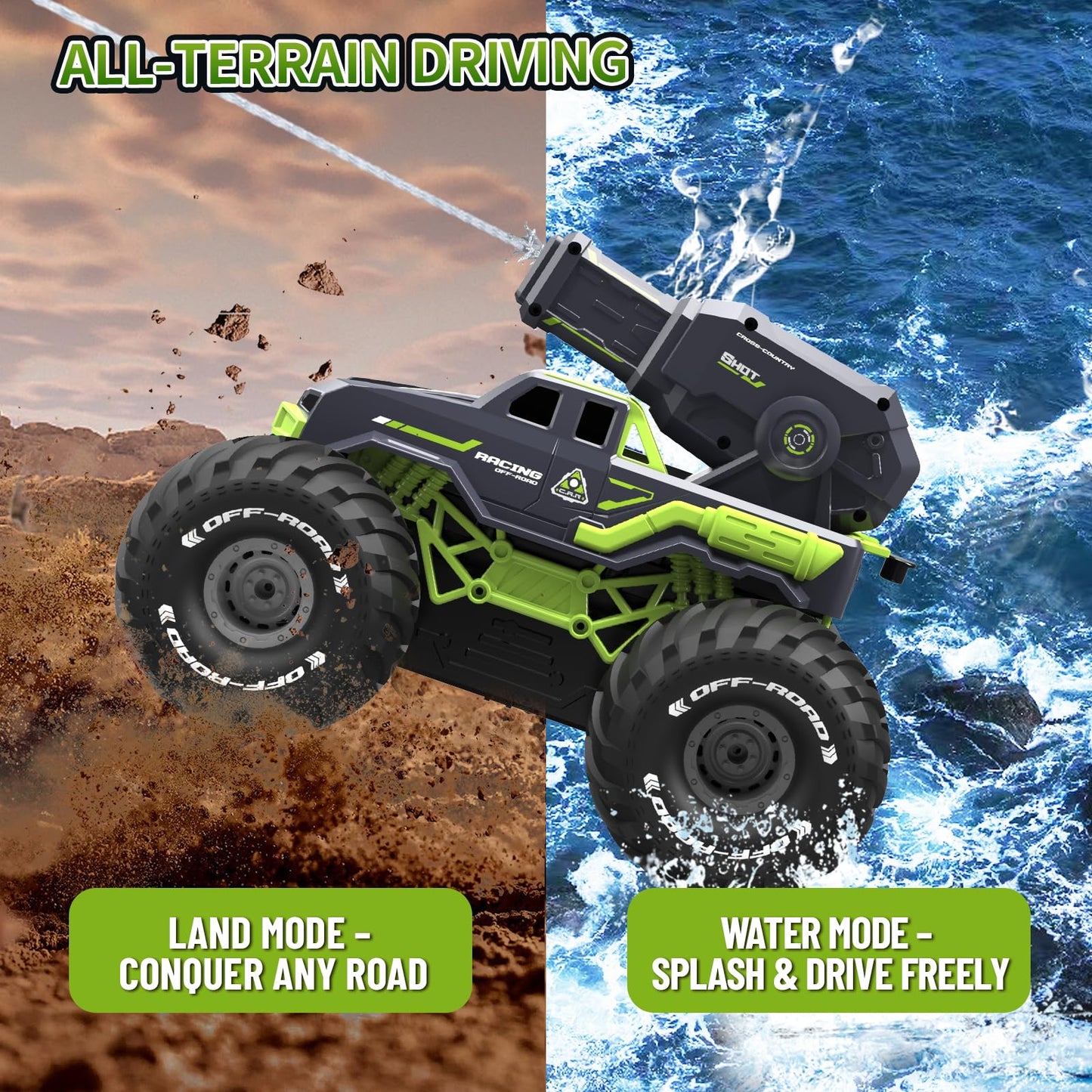 MOMONOVA 3-in-1 Amphibious Remote Control Car RC Boat with Water Gun, Waterproof RC Monster Truck for Kids 4-7 8-12, 4WD All-Terrain Remote Control