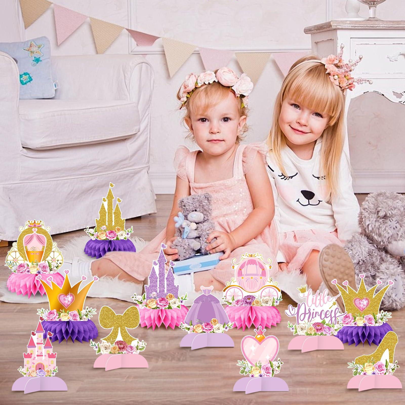 12 Pcs Princess Castle Honeycomb Centerpieces - Little Princess Party Table Decorations with Crowns, Castles, Bows and Hearts for Birthday Party, Baby