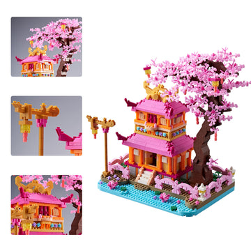 LUKHANG Cherry Blossom Tree House Micro Building Blocks Set Enjoy Flower Pavilion 1810pcs Exquisite Architecture Model Kit for Women (Adults Age