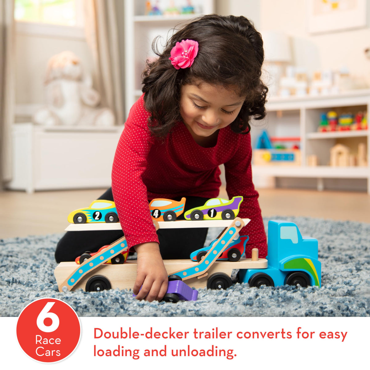 Melissa & Doug Mega Race-Car Carrier - Wooden Tractor and Trailer with 6 Unique Race Cars