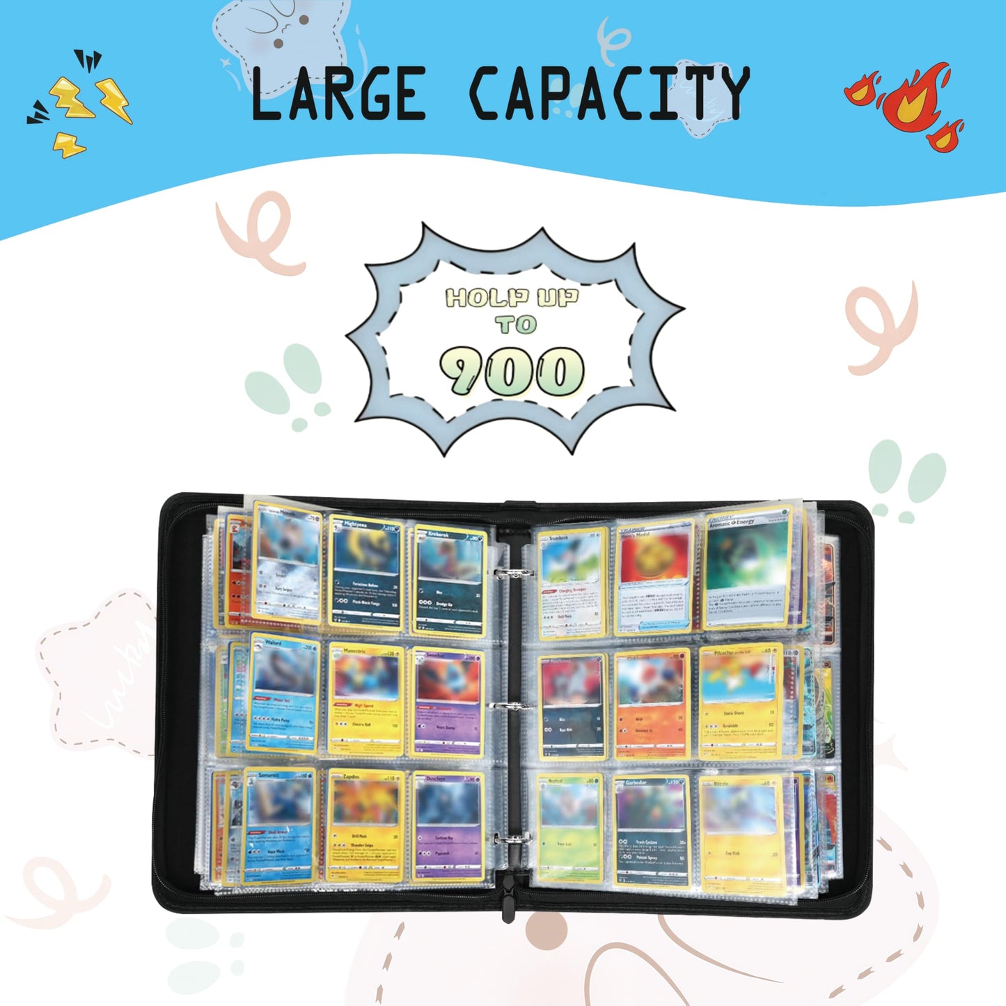 9 Pocket Card Binder,Trading Card Binder 900 Pockets,Card Collection Albums Holder,50 Removable Sleeves,Double Sided Pocket,with Zip and Portable