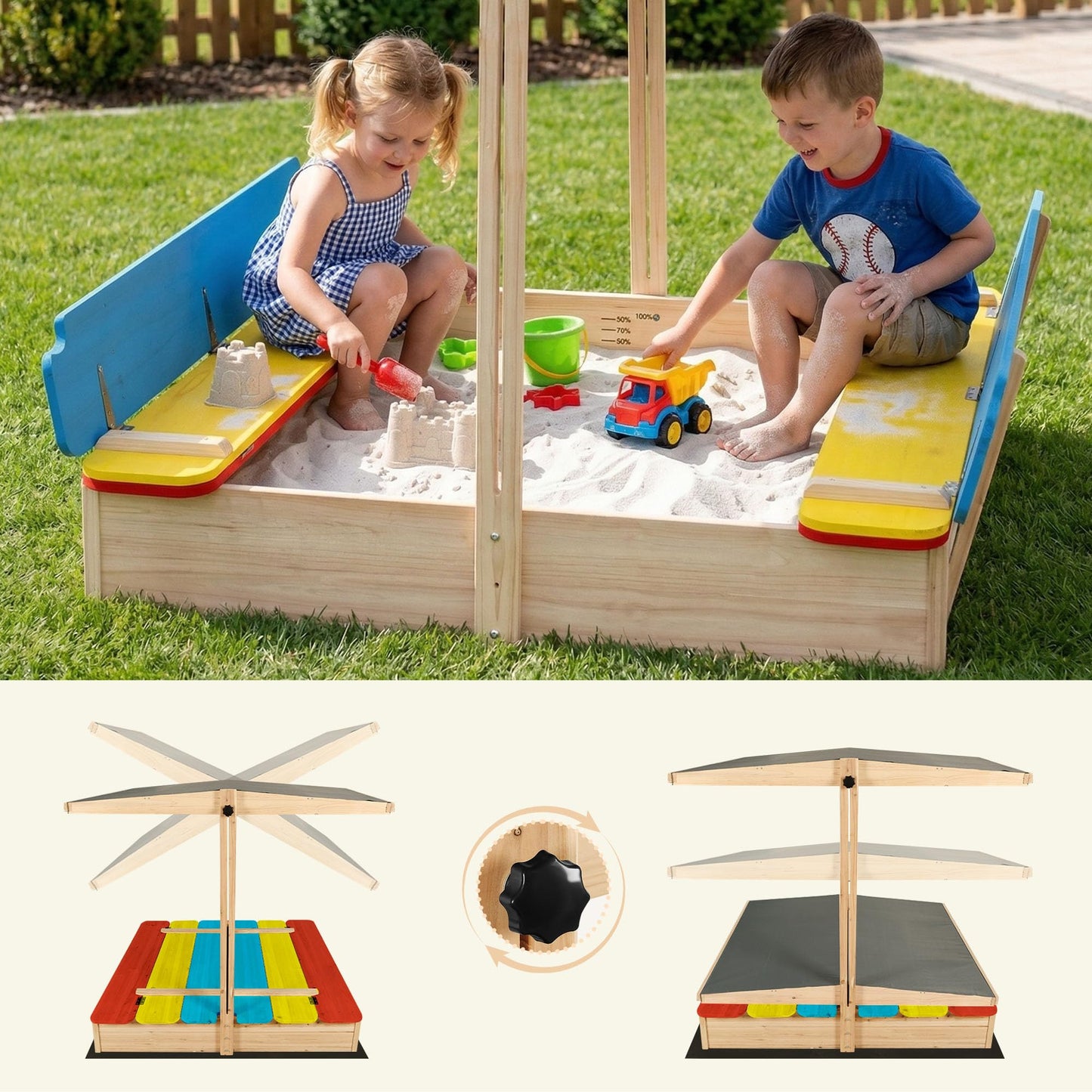 HOMELONG Wooden Sandbox with Cover Lid Adjustable Canopy Foldable Bench Seat Bottom Liner Large Sand Pit Aged 3-12 Outdoor 48x48 Inch Sand Box
