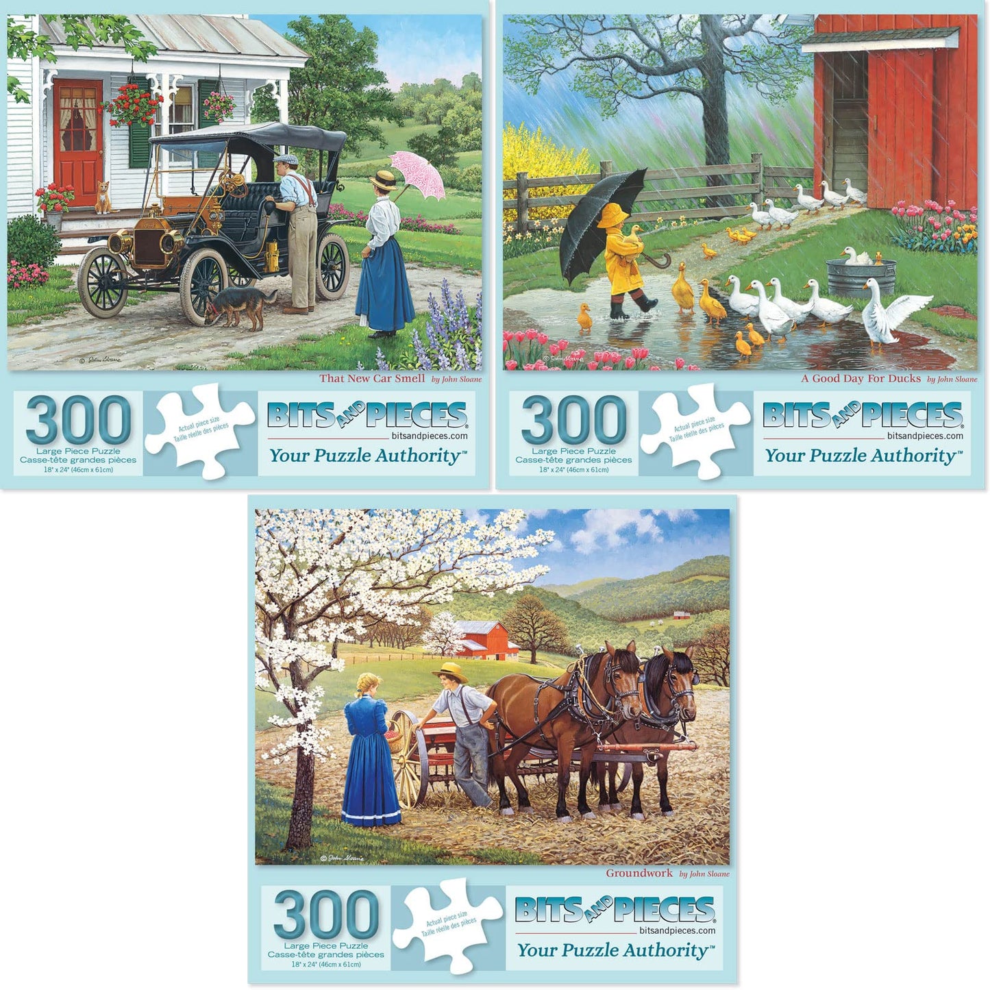 Bits and Pieces Value Set of Three Jigsaw Puzzles for Adults - That New Car Smell • A Good Day for Ducks • Groundwork - Artwork by John Sloane - 18" x