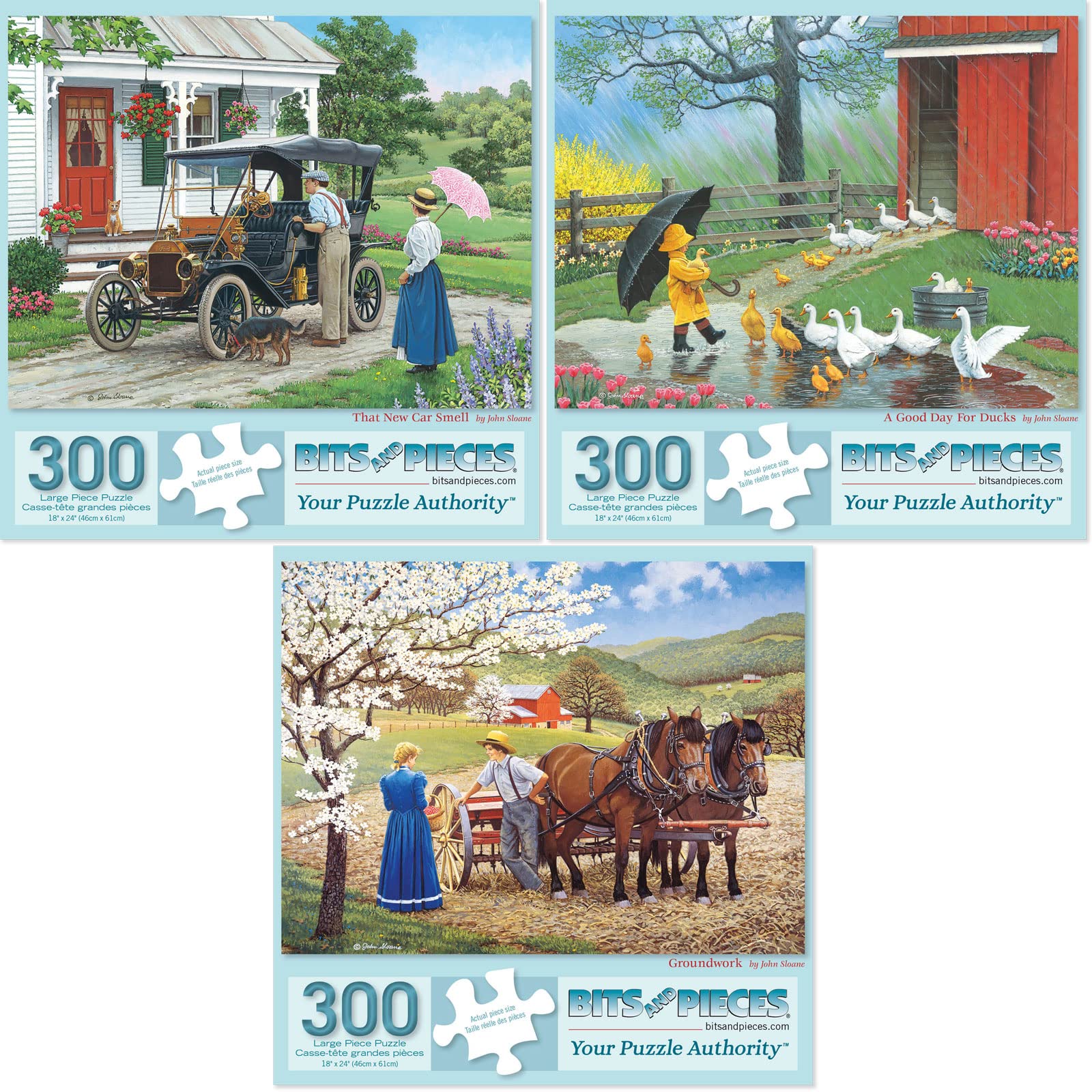 Bits and Pieces Value Set of Three Jigsaw Puzzles for Adults - That New Car Smell • A Good Day for Ducks • Groundwork - Artwork by John Sloane - 18" x