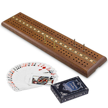 Sterling Games Wooden Cribbage 12 inch Double Track Cribbage Board with Rich Italian Inlaid for 2 Players Playing Cards Included