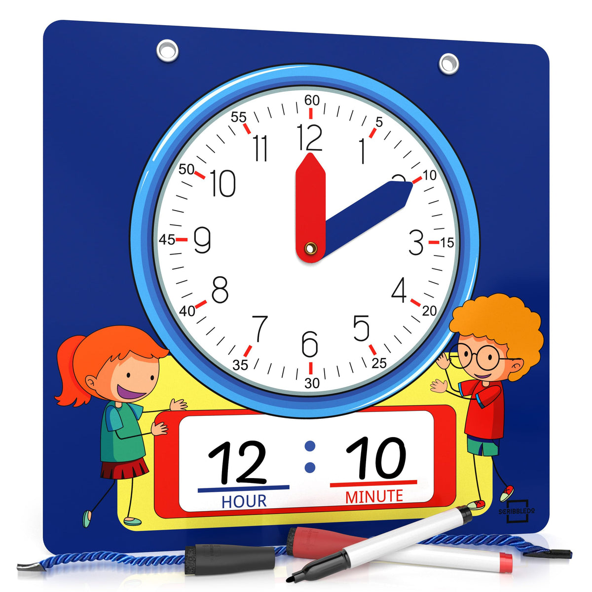 Scribbledo Writable Dry Erase Learning Clock for Kids Write & Wipe Demonstration Clock for Kids Learning to Tell Time Classrooms and Homeschool
