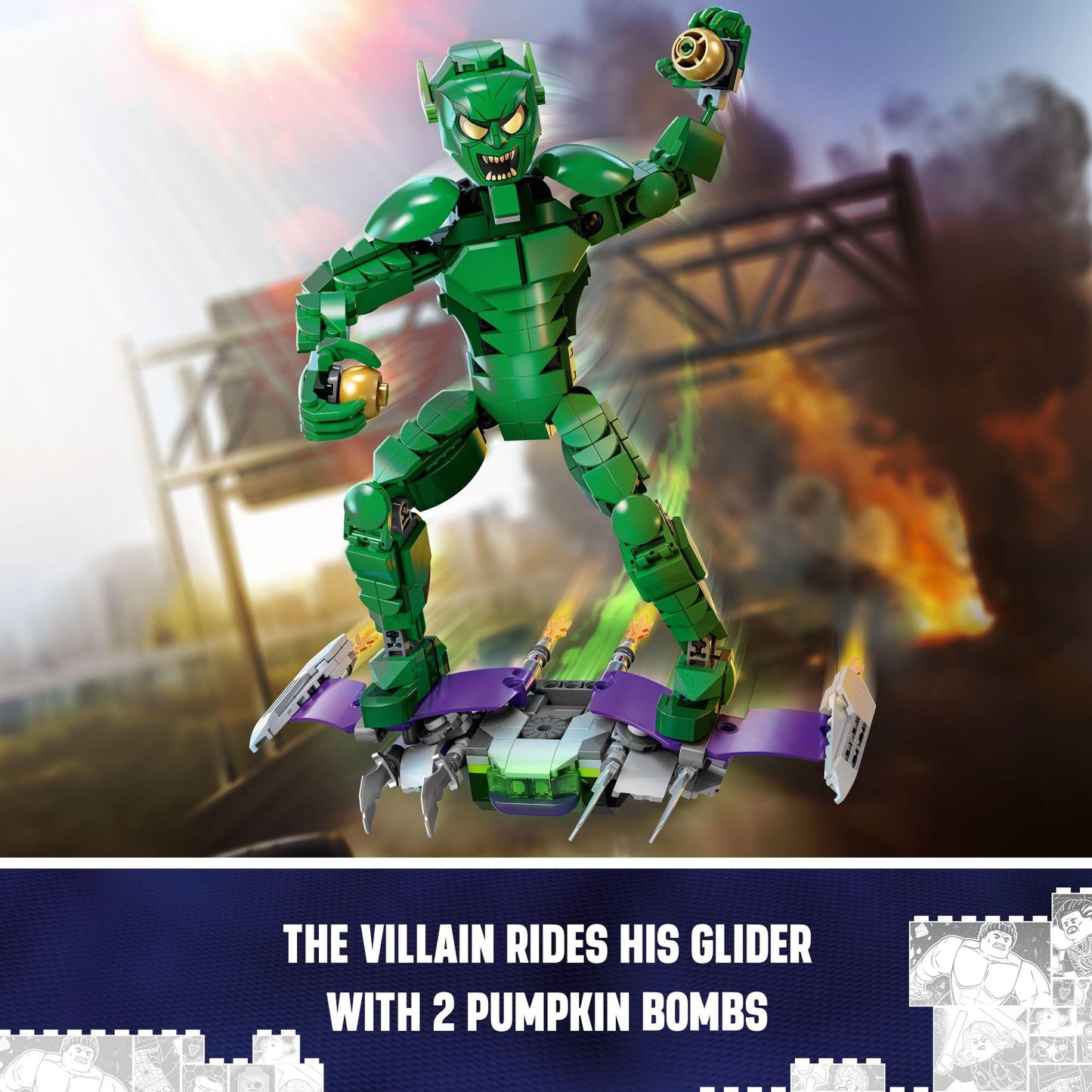 LEGO Marvel Green Goblin Construction Figure - Building Toy for Boys & Girls, Ages 8+ - Marvel Villain Action Figure W/Glider and Pumpkin Bombs - Gift