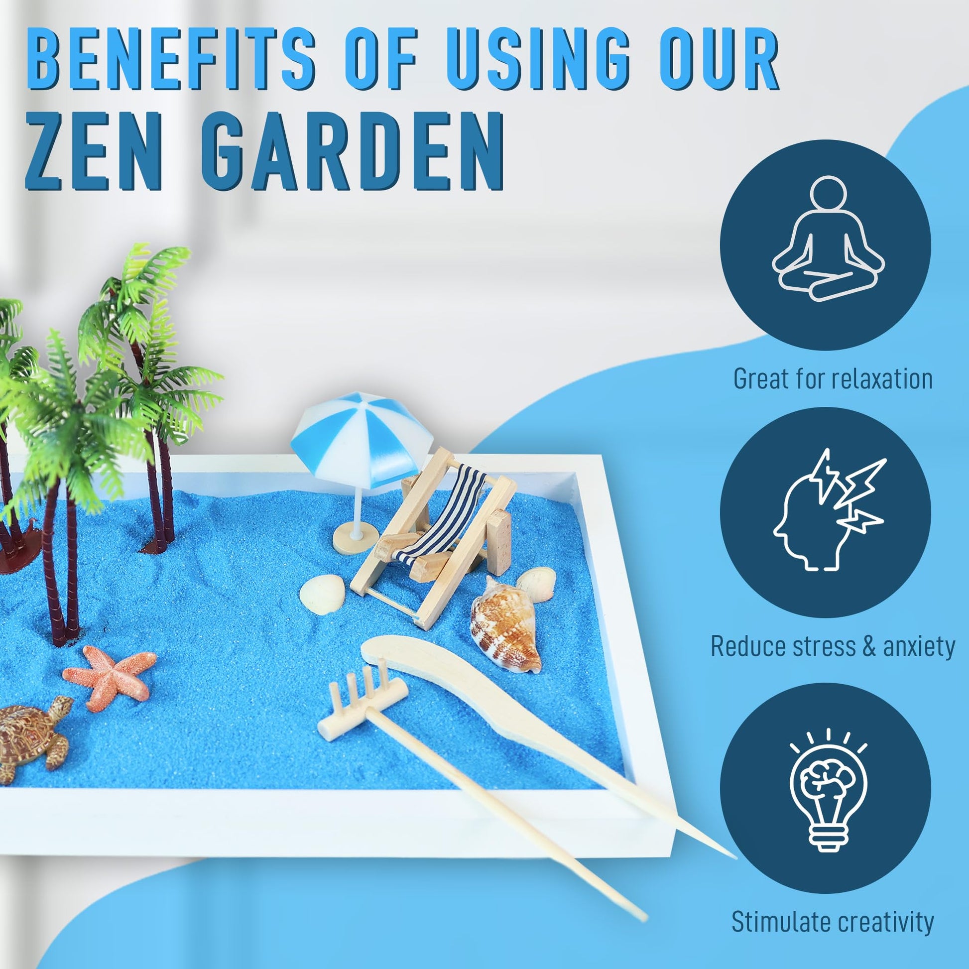 Timani Zen Garden for Desk - Zen Garden Sand Kit, Artificial Palm Tree, Rakes & Accessories - Meditation Decor Office Home Desktop Relaxation Sandbox
