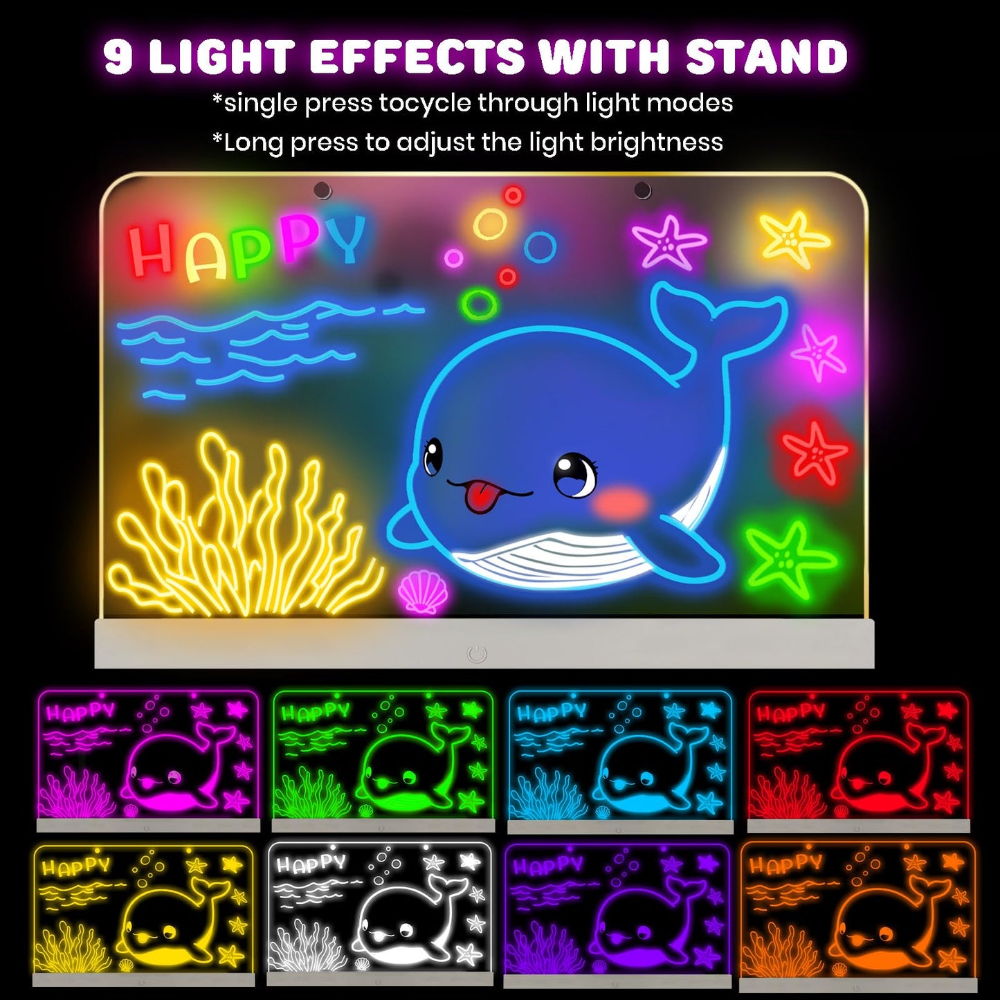Nuyefo Upgrade LED Drawing Board, Washable Light Up Doodle Board, Acrylic Dry Erase Note Board, led Note Board with Colors, Tracing Pages, with Stand