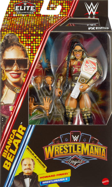 Mattel WWE Elite Collection Action Figure & Accessories, Premium Live Event Bianca Belair Set, Wrestlemania with Howard Finkel Build-A-Figure Parts
