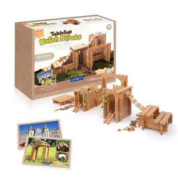 Guidecraft Tabletop Notch Blocks - Western 129 pc. Set with 10 Double-Sided Activity Card: Montessori Building Blocks Set with Ladders and Bridge