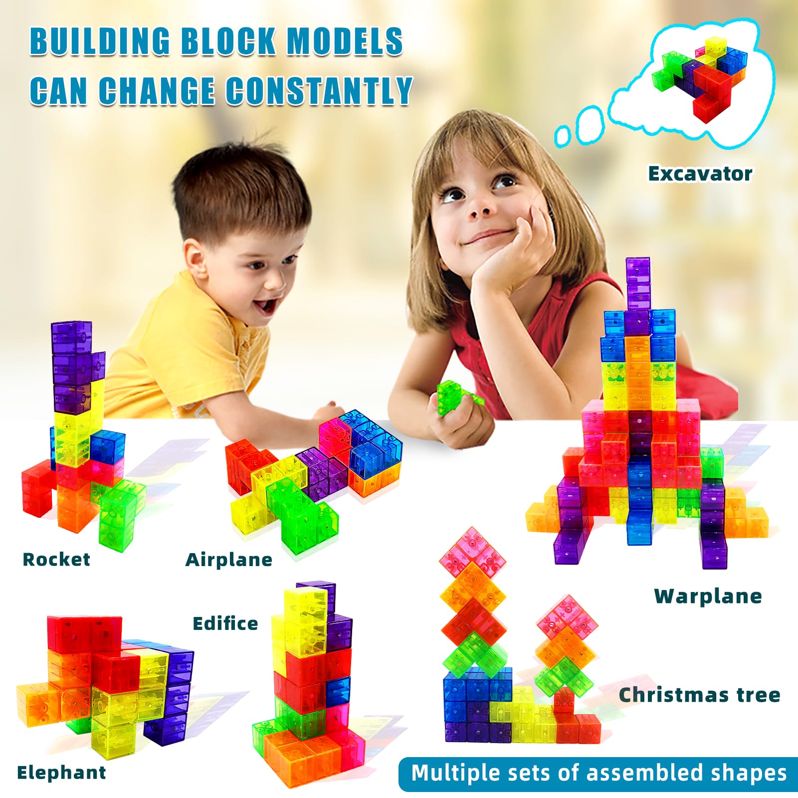 OUXIA Magnetic Building Blocks Magic Magnetic 3D Puzzle Cubes, Set of 7 Multi Shapes Magnetics Blocks with 54 Guide Cards, Children's Educational Toys