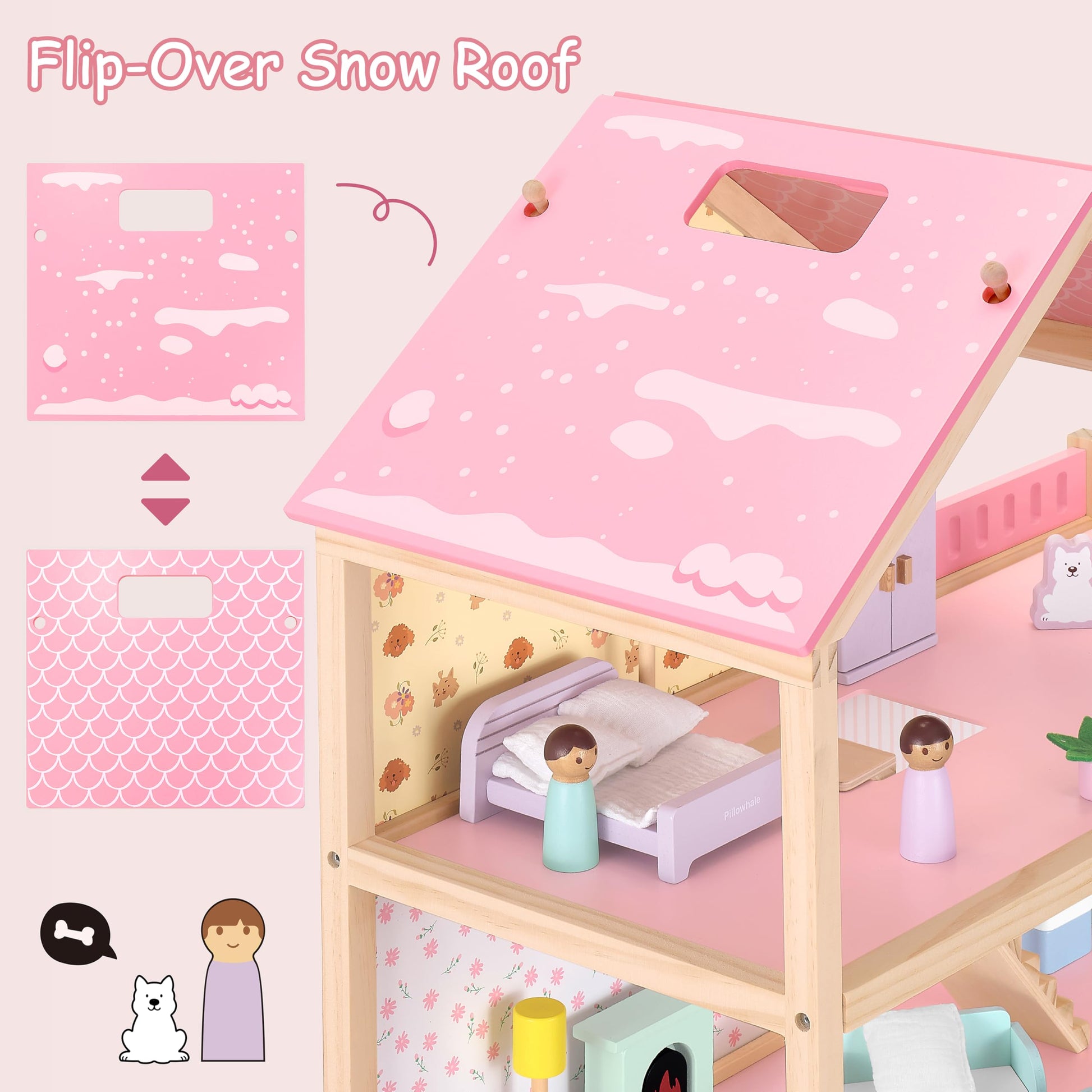 Pillowhale Wooden Dollhouse for Girls 3-Story Open Layout Playhouse with Furniture Accessories Pretend Play Role-Playing Toy Birthday Gift for Kids